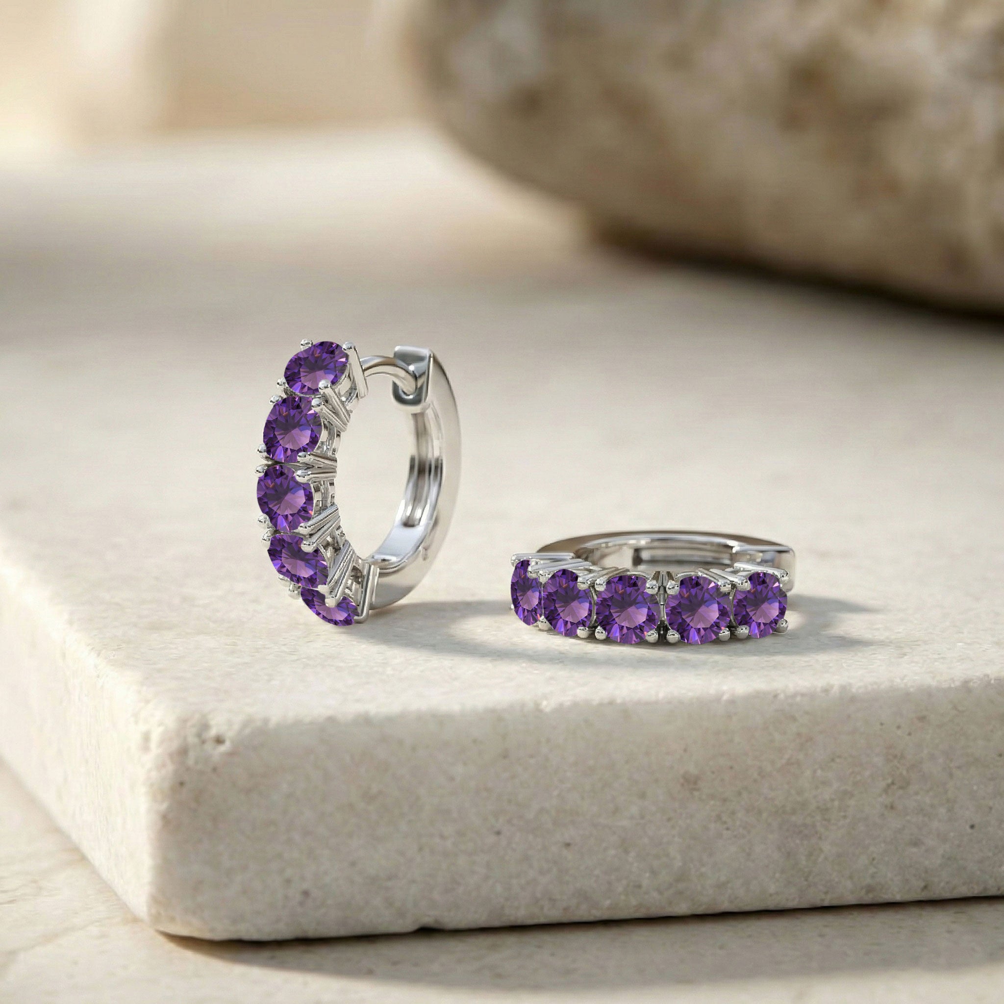 Amethyst Round Hoop Earrings in 925 Sterling Silver 3MM 1.30ct