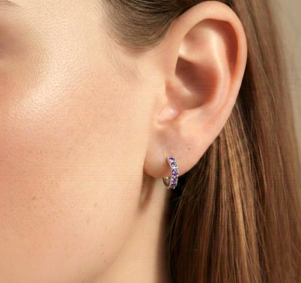 Amethyst Round Hoop Earrings in 925 Sterling Silver 3MM 1.30ct