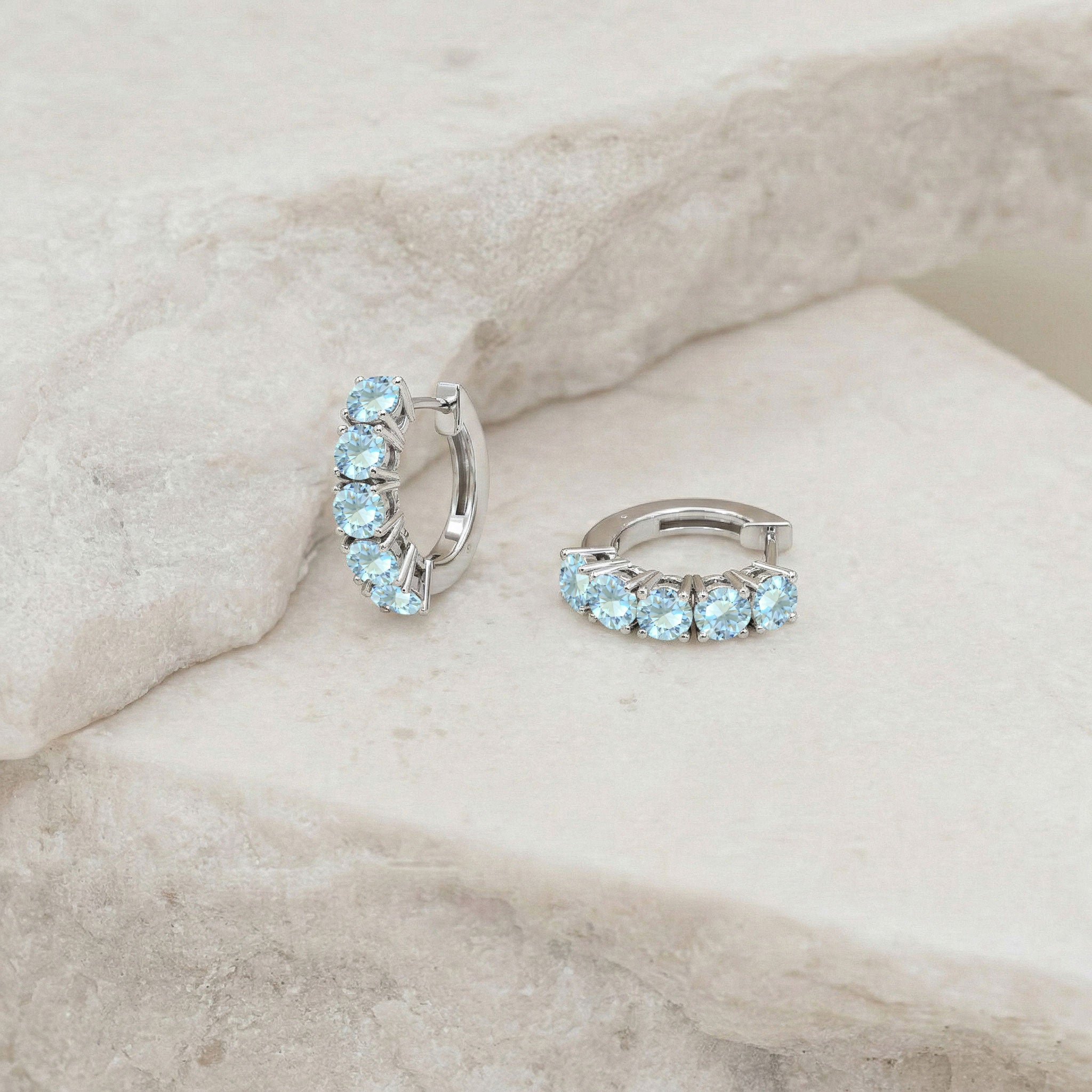 Aquamarine Round Hoop Earrings in 925 Sterling Silver 3MM 3ct