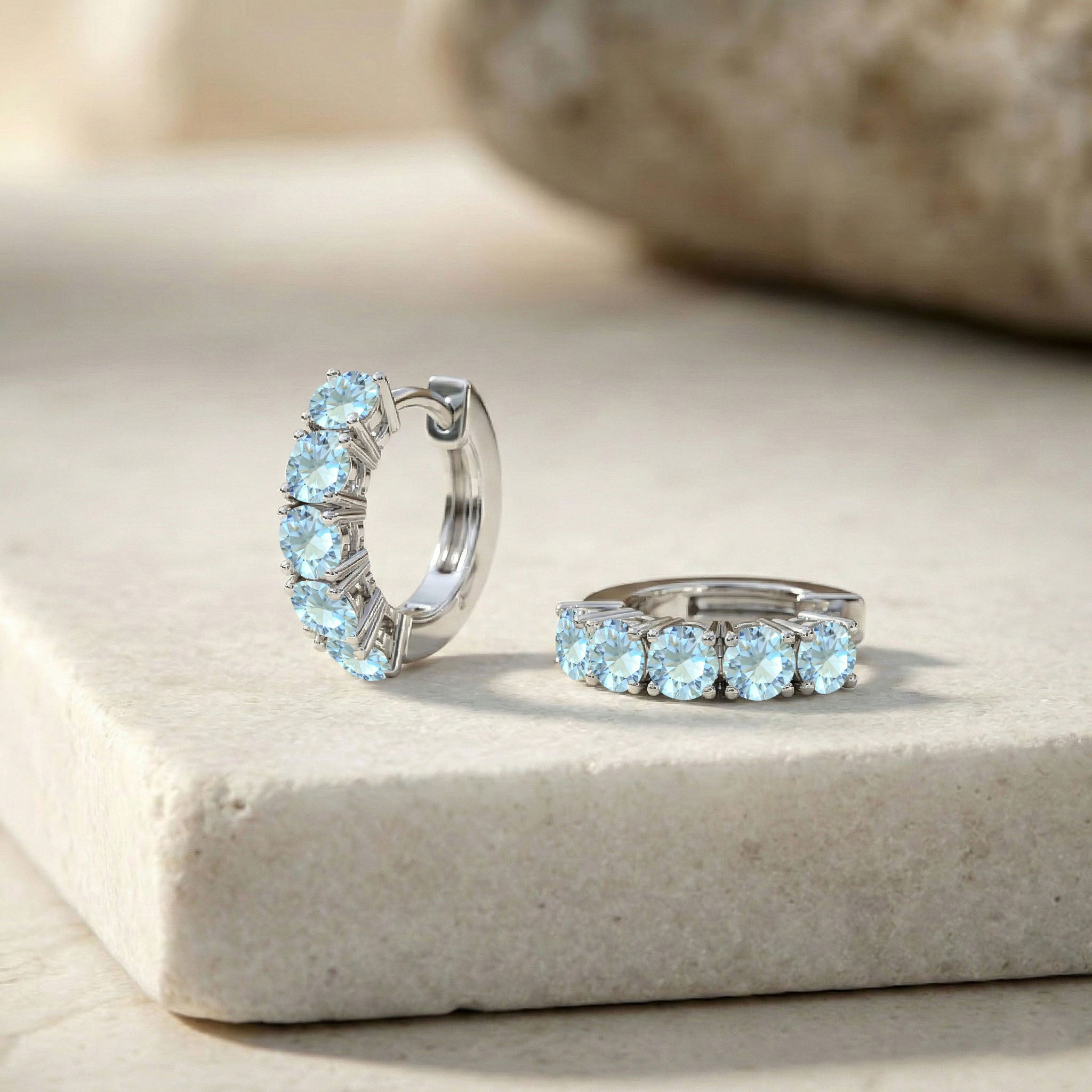 Aquamarine Round Hoop Earrings in 925 Sterling Silver 3MM 3ct