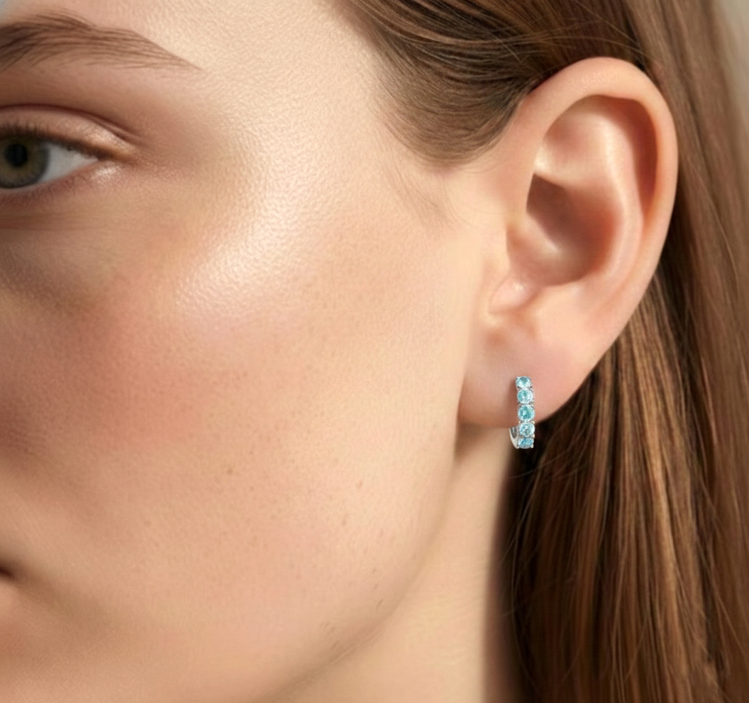 Aquamarine Round Hoop Earrings in 925 Sterling Silver 3MM 3ct