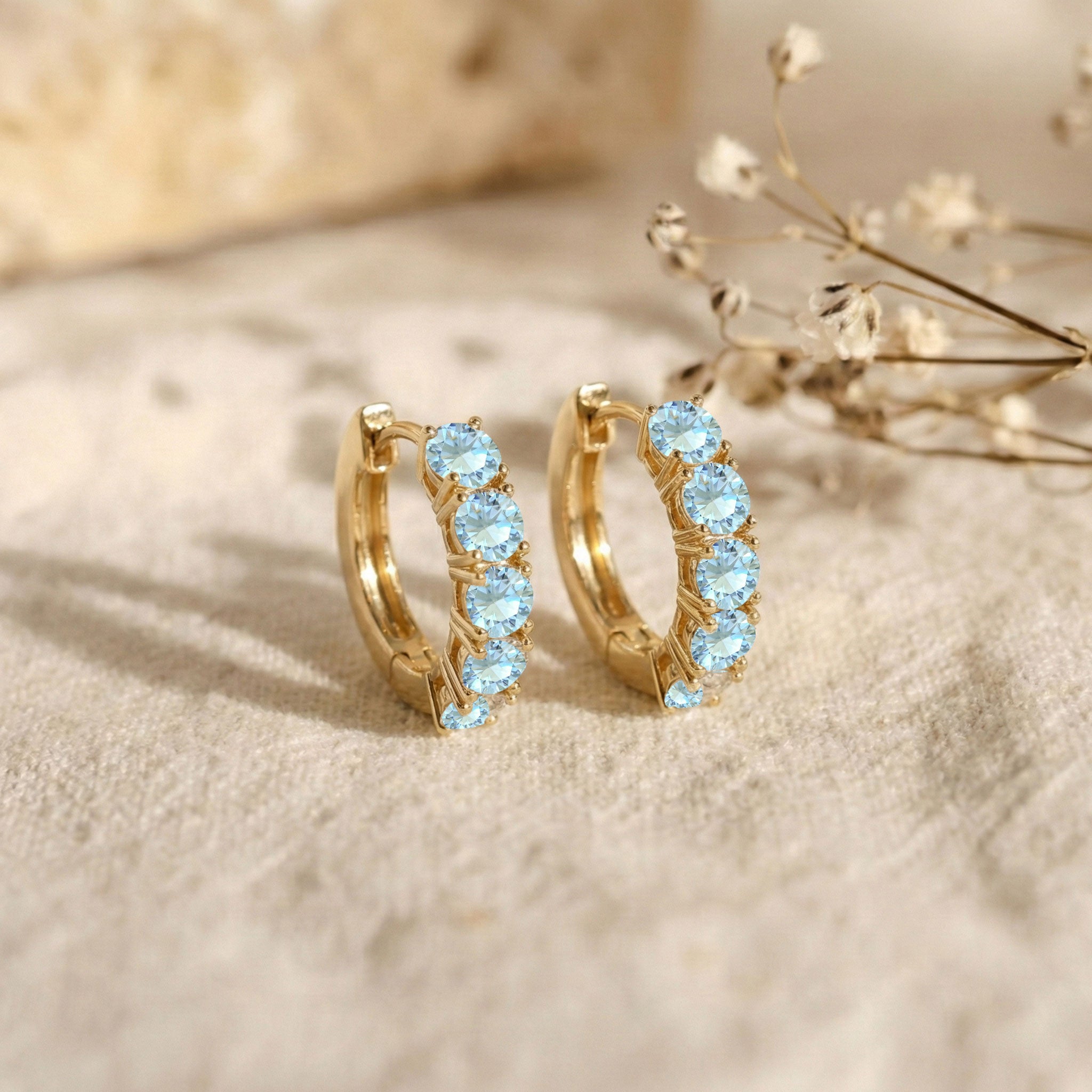 Aquamarine Round Hoop Earrings in 925 Sterling Silver 3MM 3ct