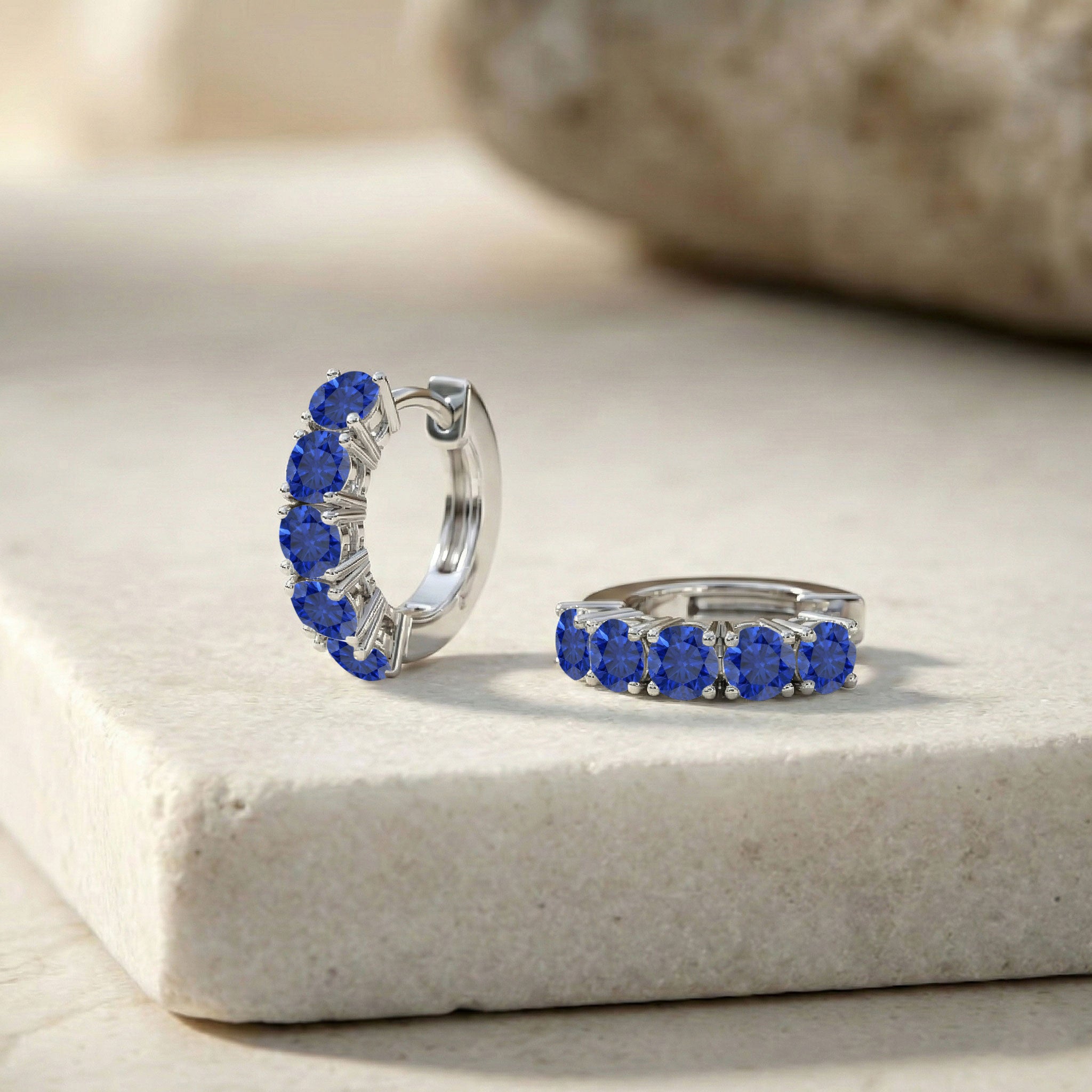 Sapphire Ear Studs Round Halo Style