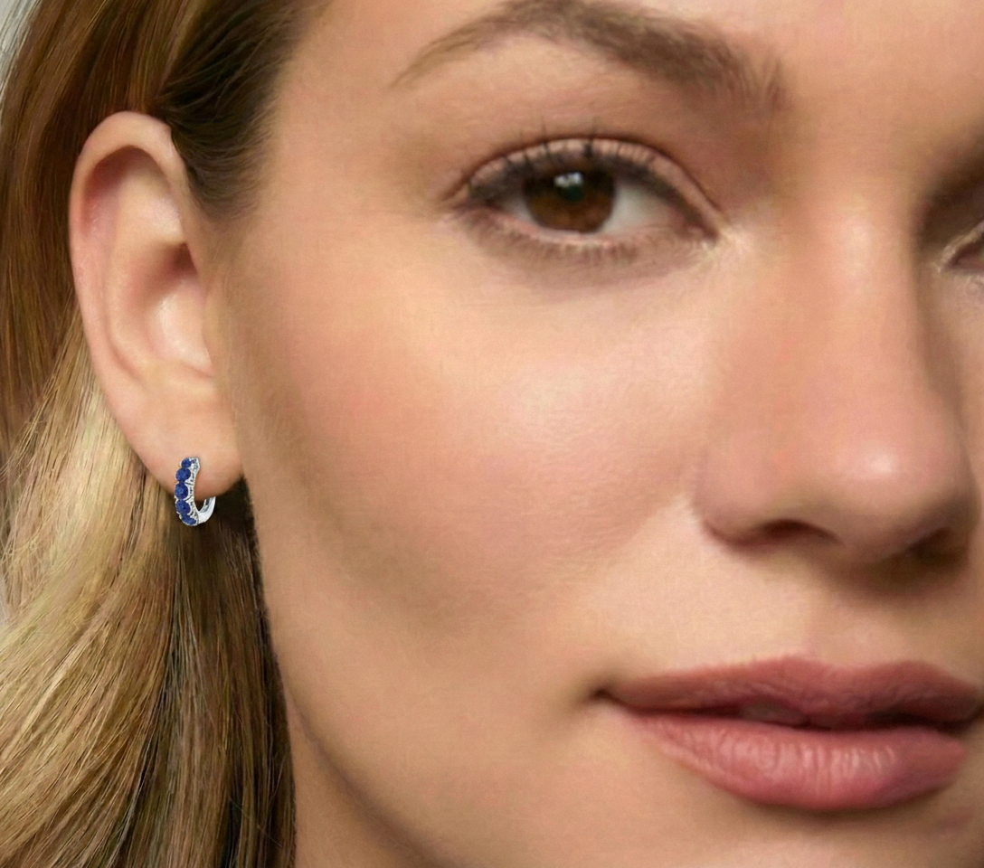 Blue Sapphire Round Hoop Earrings in 925 Sterling Silver 3MM 3ct
