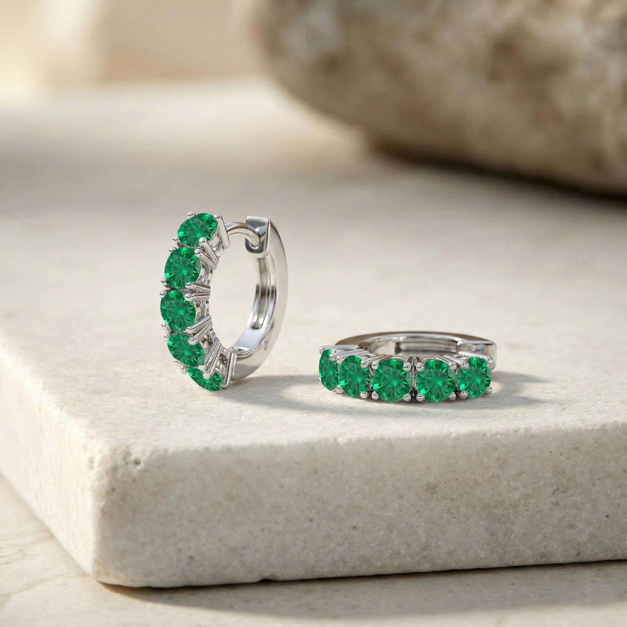 Emerald Round Hoop Earrings in 925 Sterling Silver 3MM 3ct