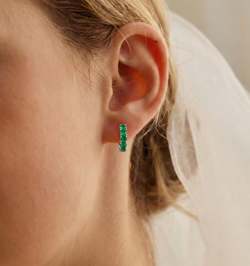 Emerald Round Hoop Earrings in 925 Sterling Silver 3MM 3ct