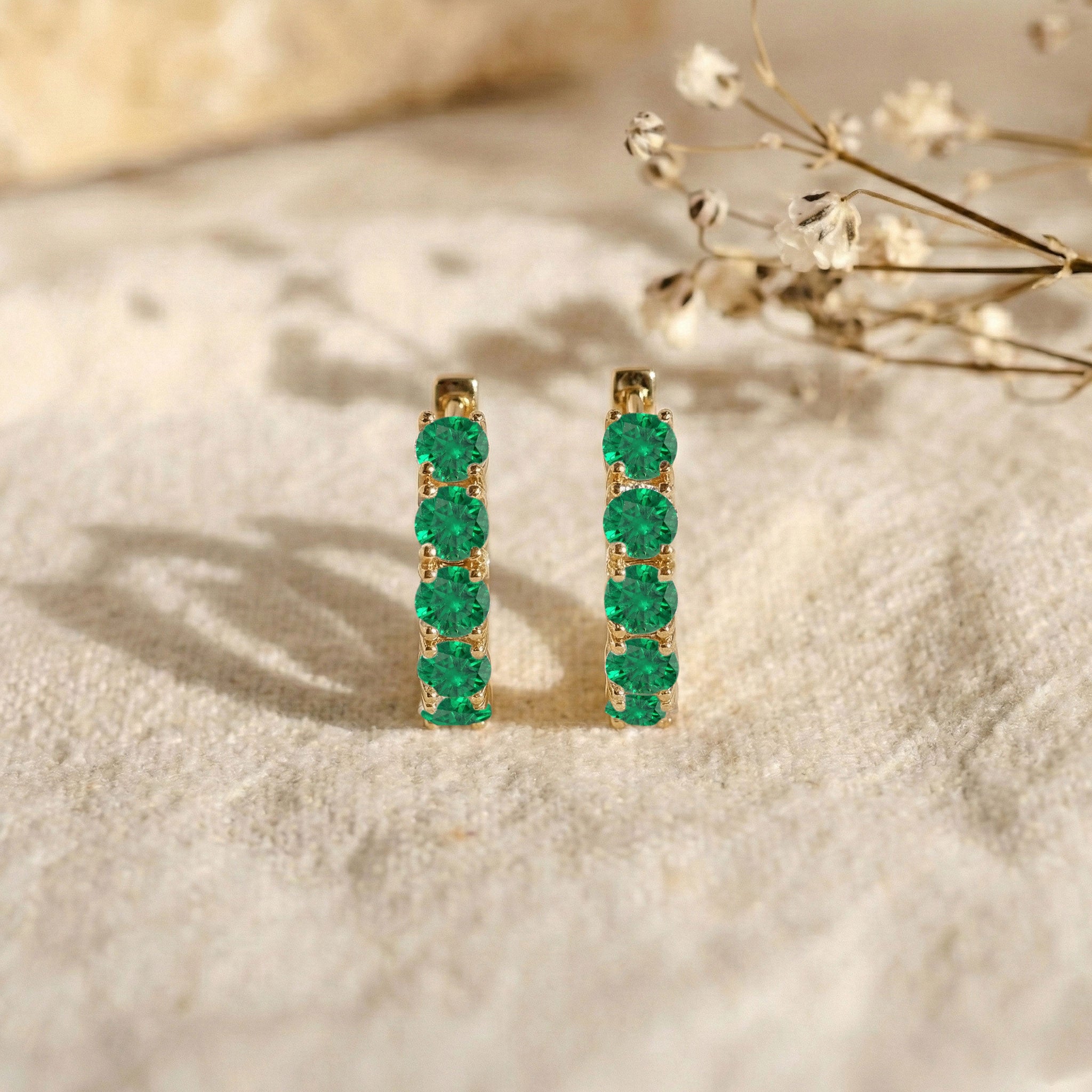 Emerald Round Hoop Earrings in 925 Sterling Silver 3MM 3ct