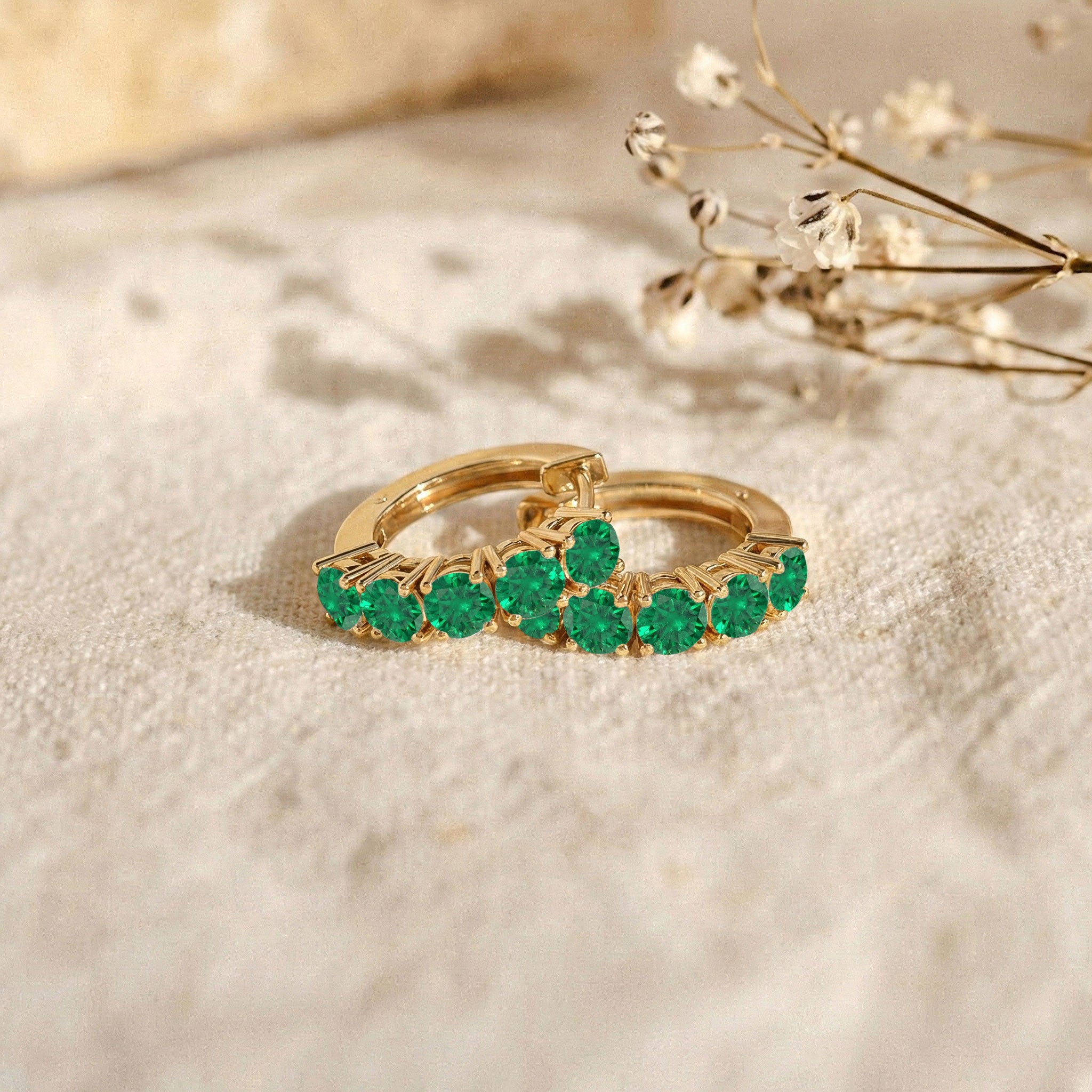 Emerald Round Hoop Earrings in 925 Sterling Silver 3MM 3ct