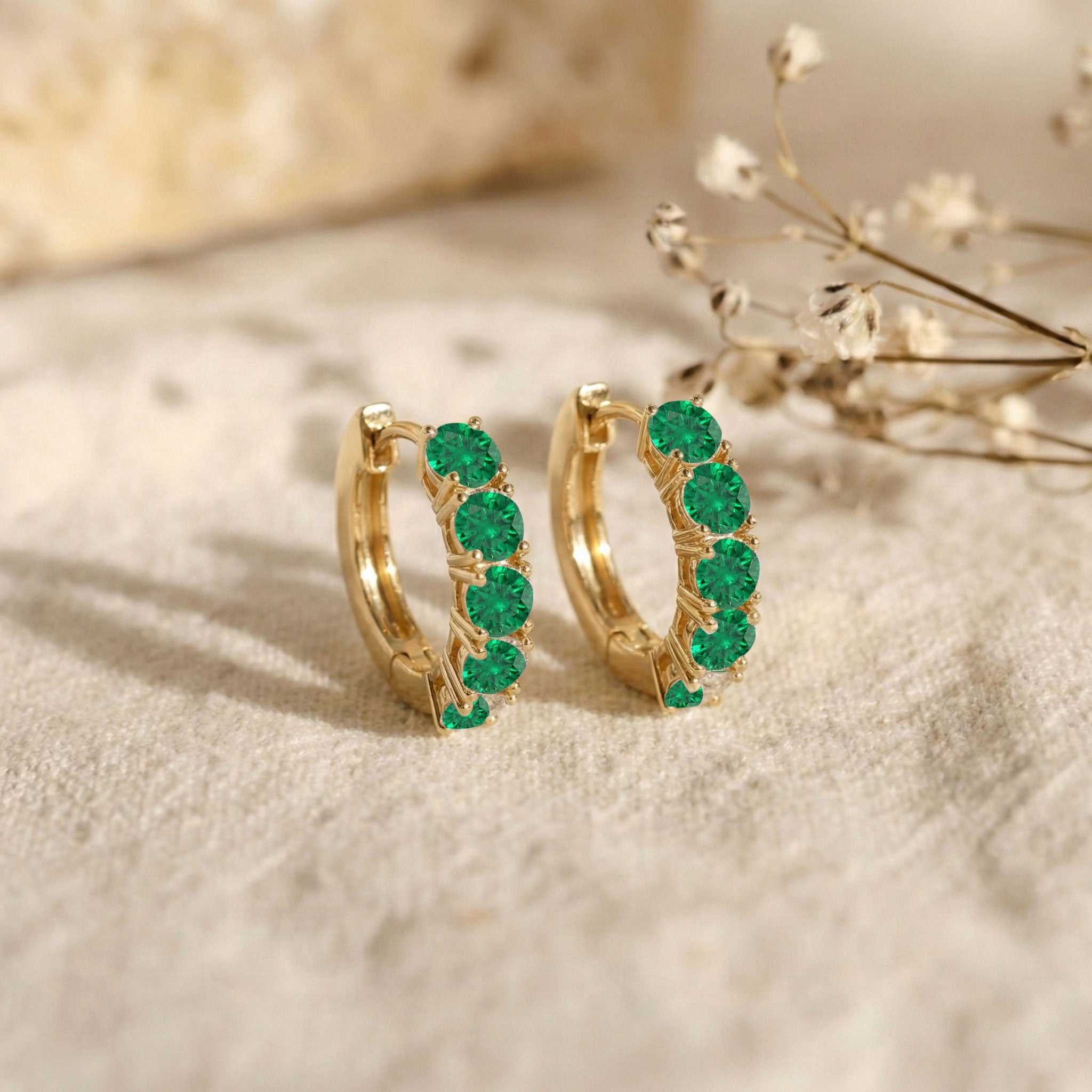 Emerald Round Hoop Earrings in 925 Sterling Silver 3MM 3ct