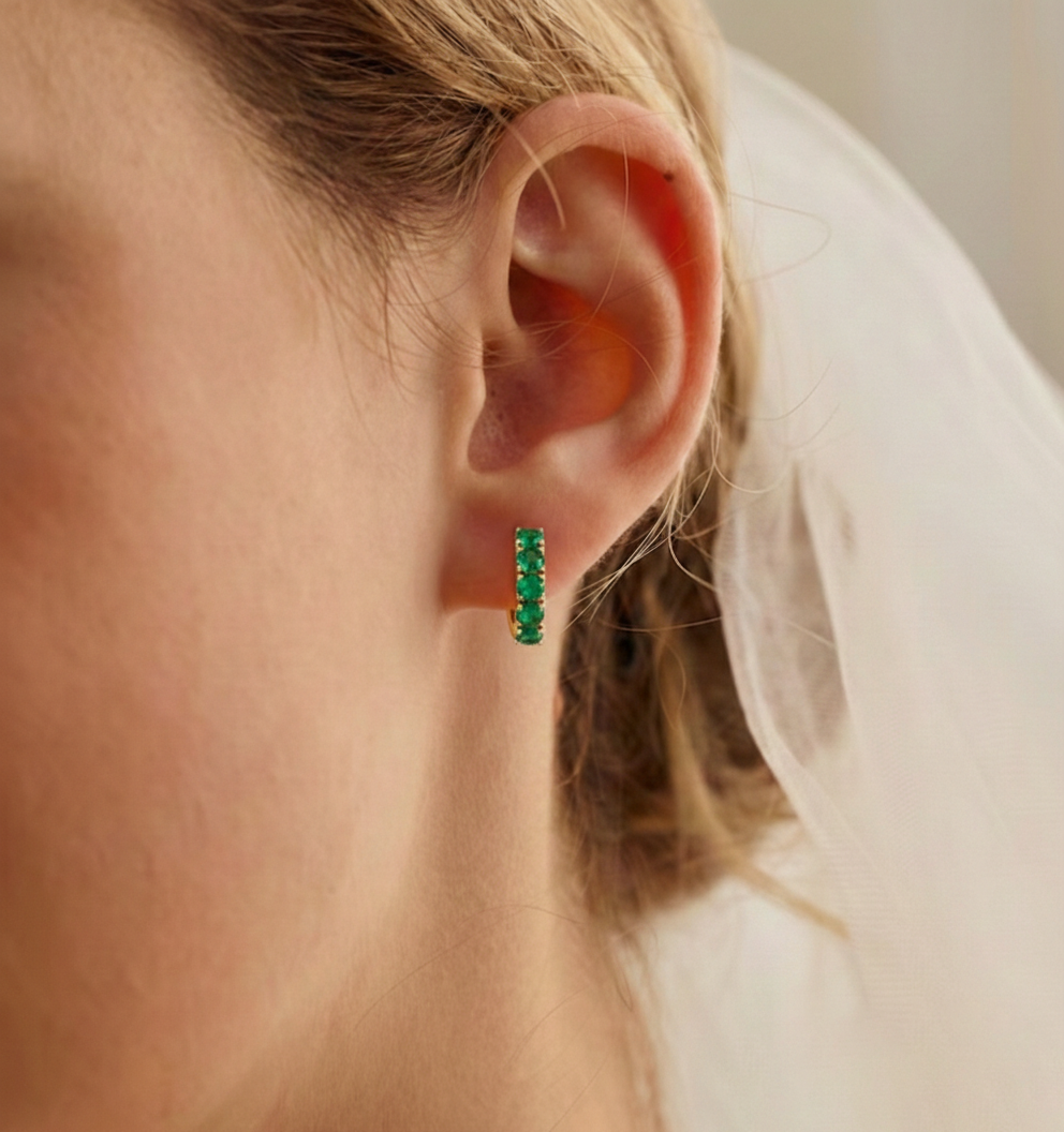 Emerald Round Hoop Earrings in 925 Sterling Silver 3MM 3ct