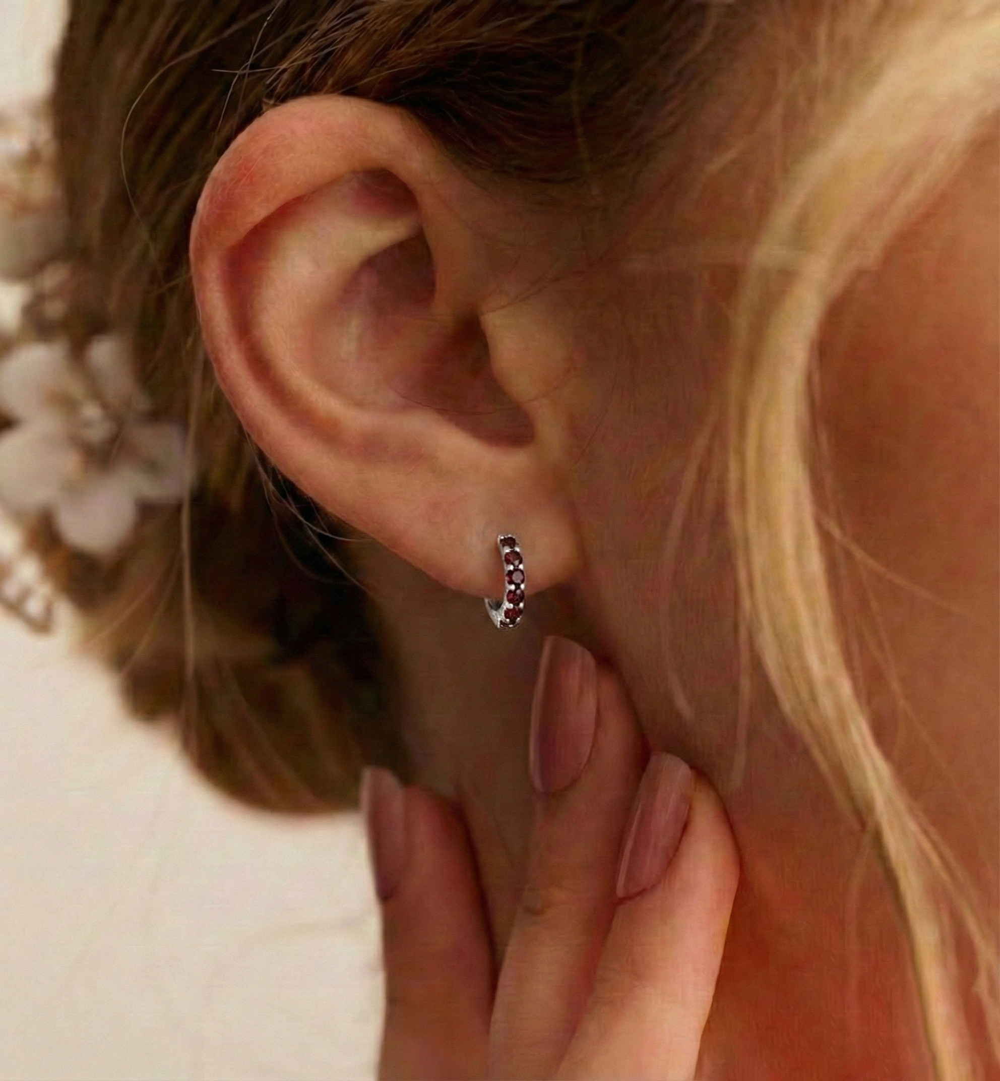Garnet Round Hoop Earrings in 925 Sterling Silver 3MM 3ct