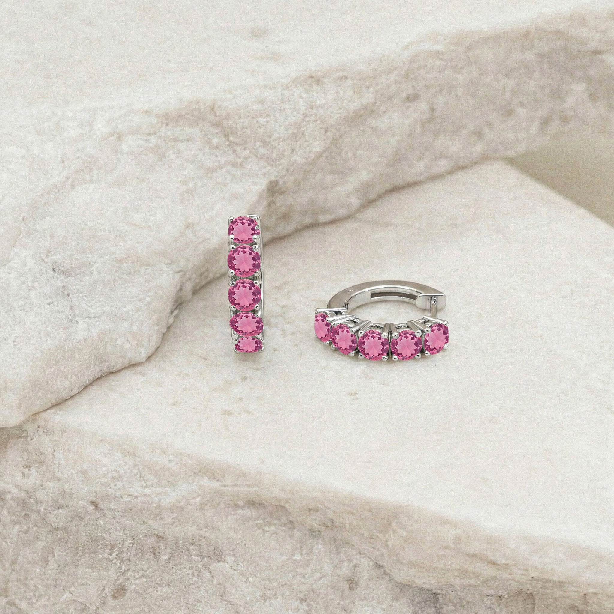 Pink Tourmaline Round Hoop Earrings in 925 Sterling Silver 3MM 3ct