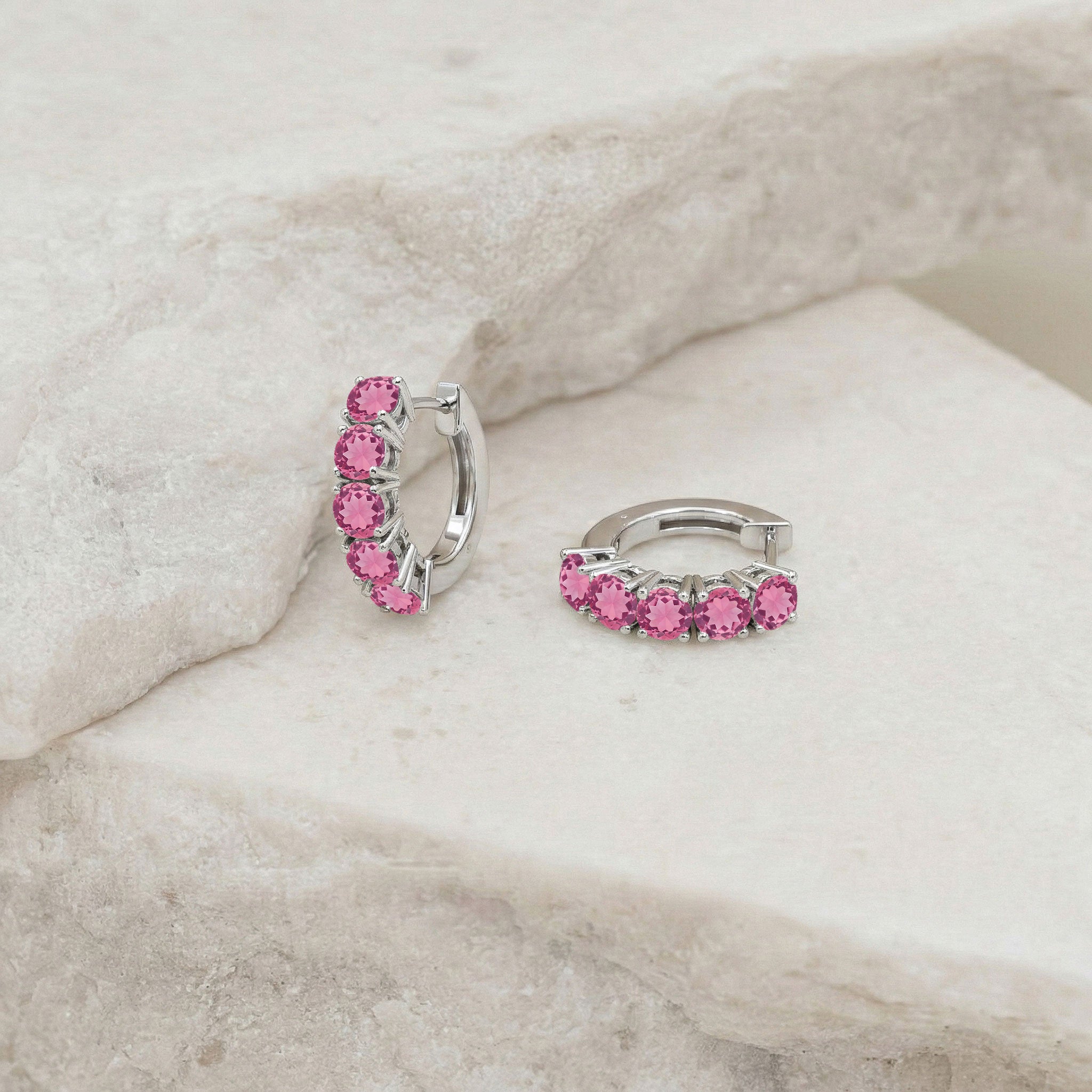 Pink Tourmaline Round Hoop Earrings in 925 Sterling Silver 3MM 3ct
