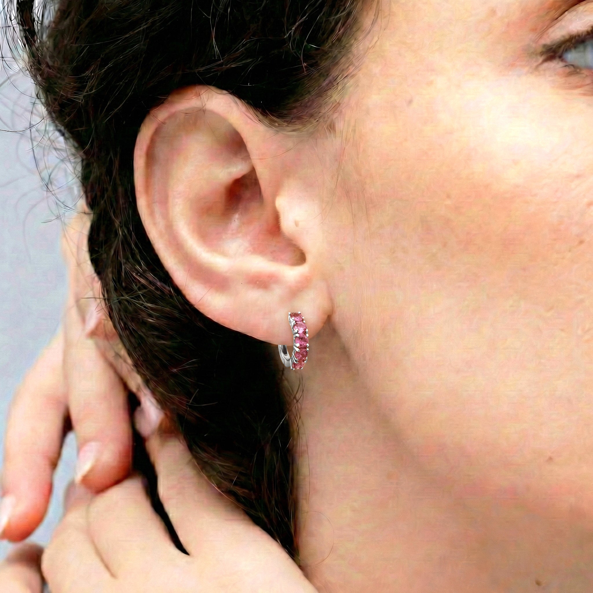 Pink Tourmaline Round Hoop Earrings in 925 Sterling Silver 3MM 3ct
