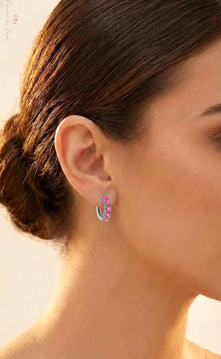 Pink Tourmaline Round Hoop Earrings in 925 Sterling Silver 3MM 3ct