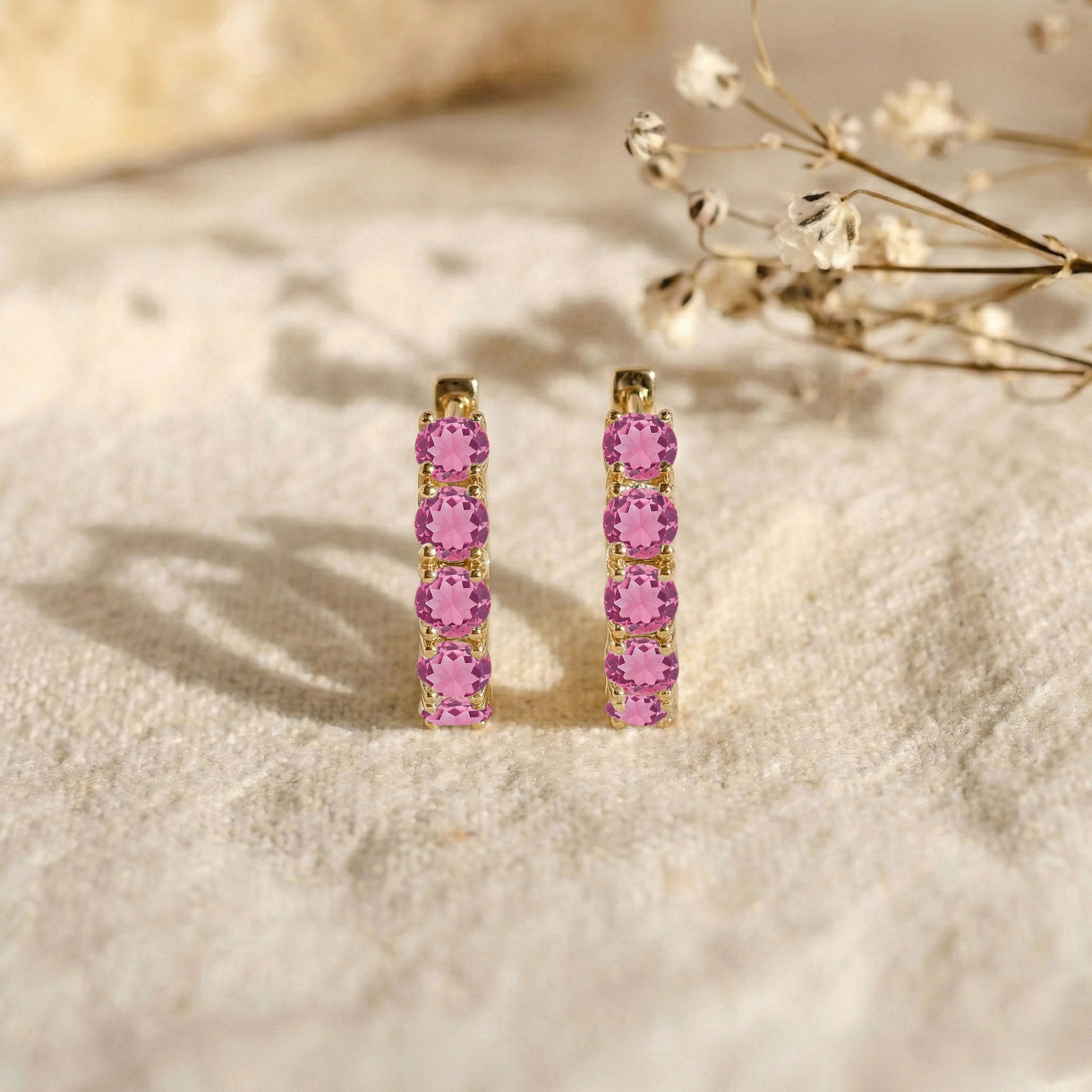 Pink Tourmaline Round Hoop Earrings in 925 Sterling Silver 3MM 3ct