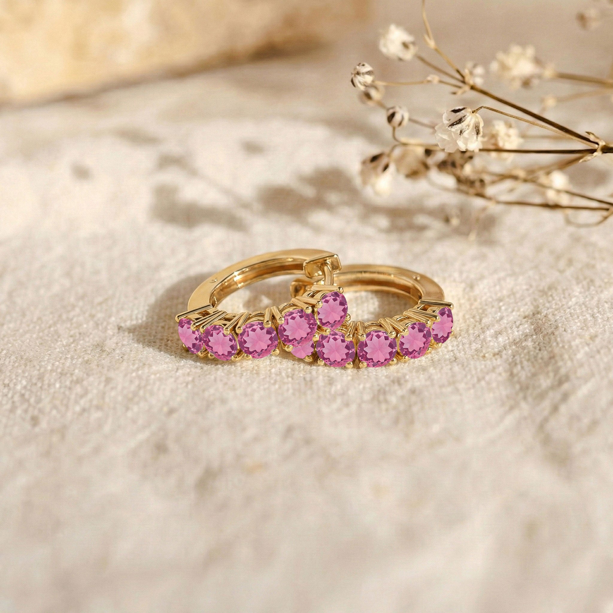 Pink Tourmaline Round Hoop Earrings in 925 Sterling Silver 3MM 3ct