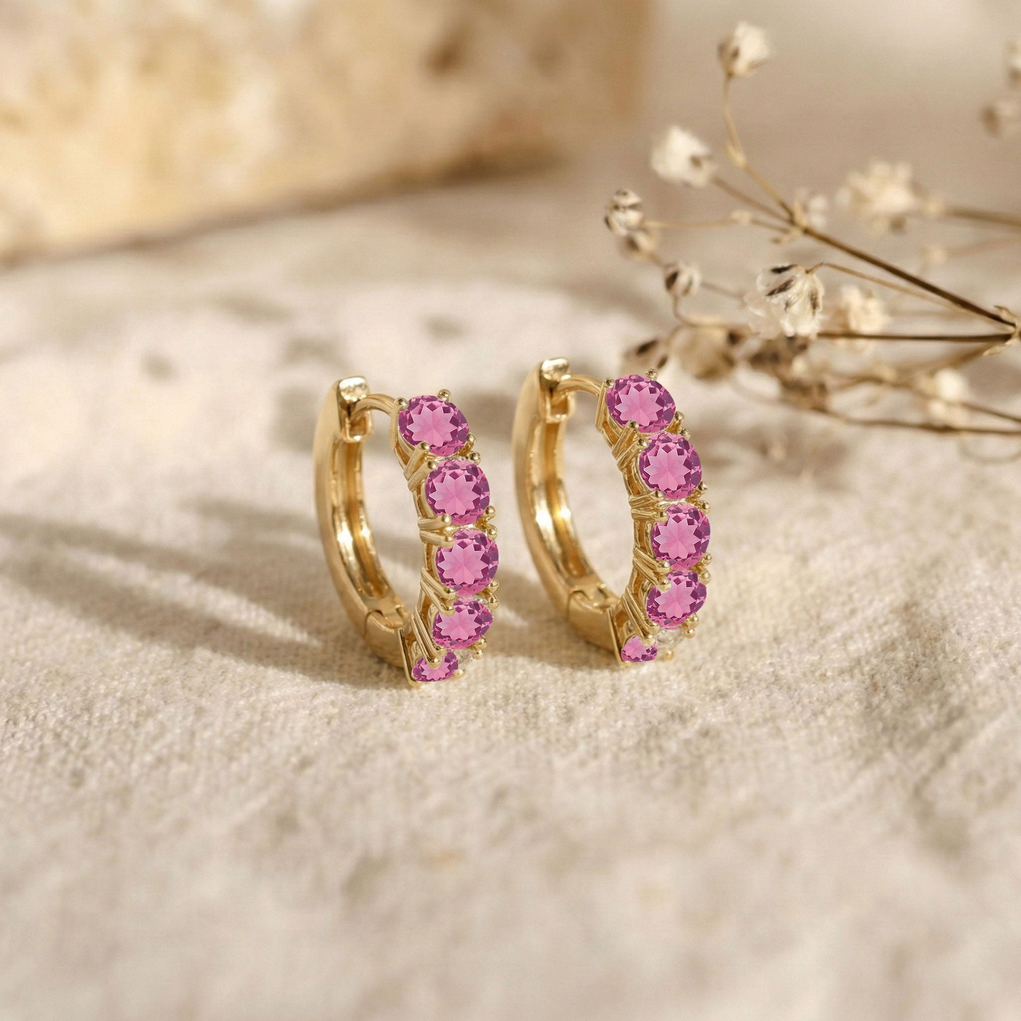 Pink Tourmaline Round Hoop Earrings in 925 Sterling Silver 3MM 3ct