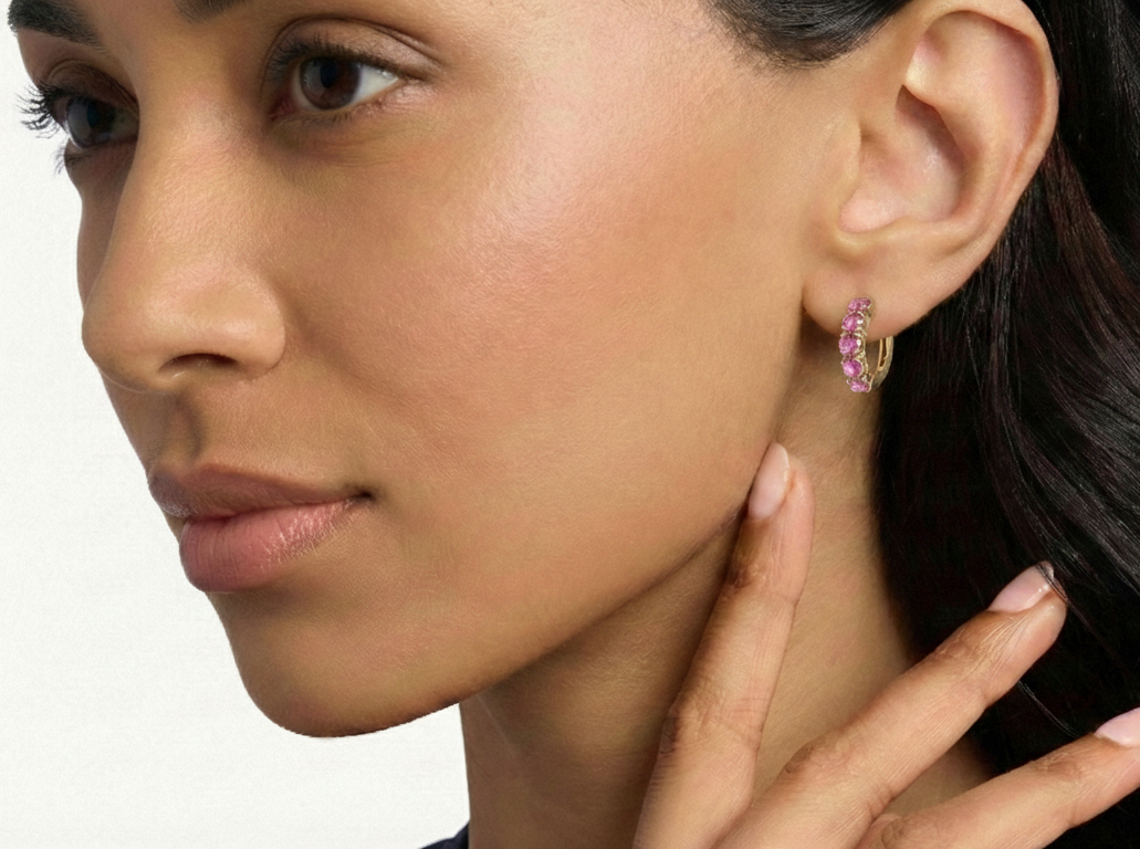 Pink Tourmaline Round Hoop Earrings in 925 Sterling Silver 3MM 3ct