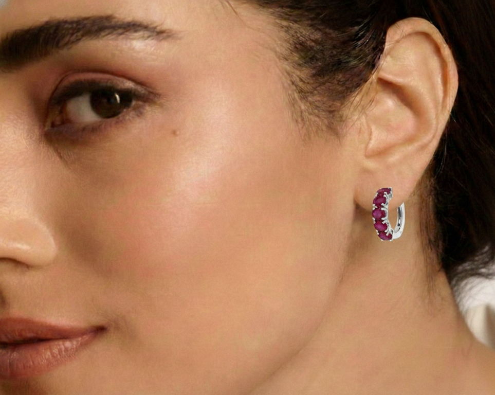 Ruby Round Hoop Earrings in 925 Sterling Silver 3MM 3ct