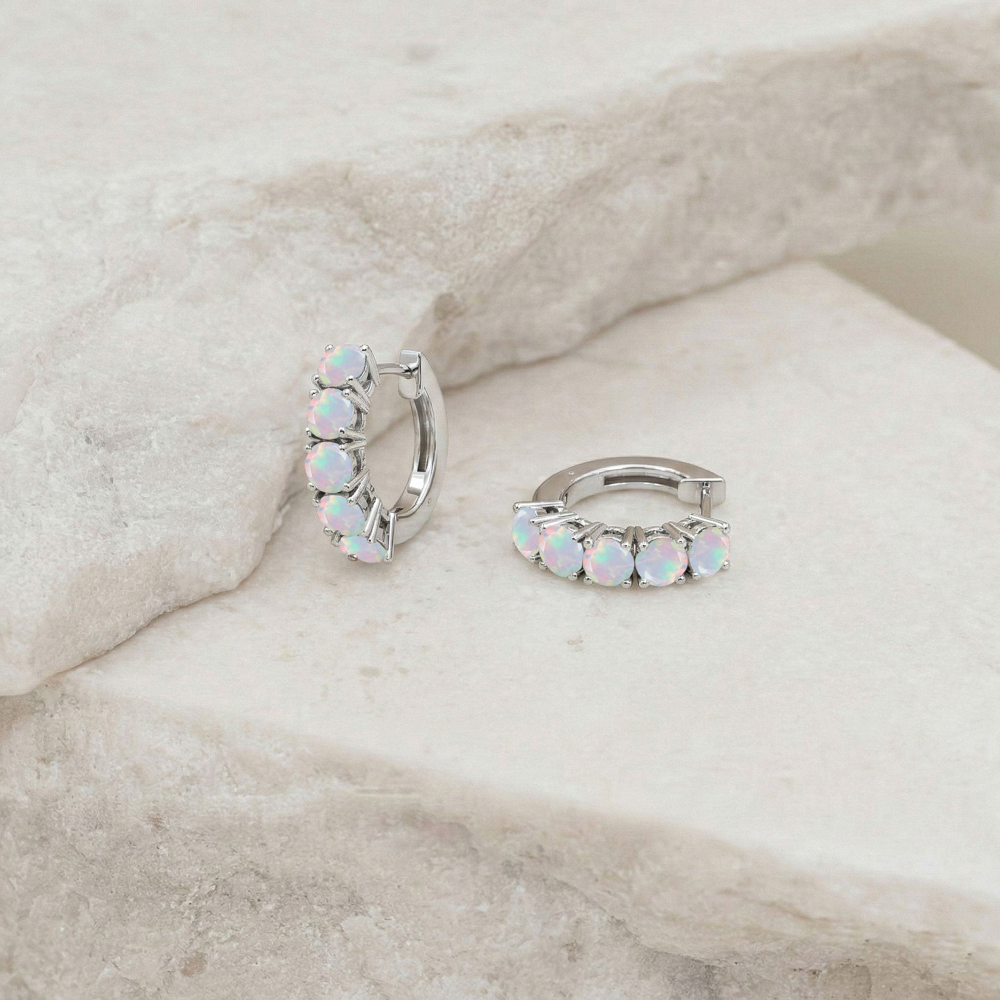 White Opal Round Hoop Earrings in 925 Sterling Silver 3MM 3ct