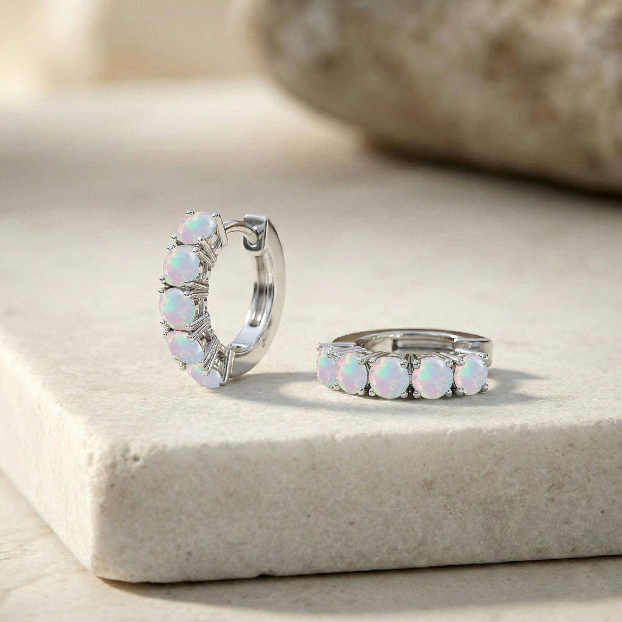 White Opal Round Hoop Earrings in 925 Sterling Silver 3MM 3ct