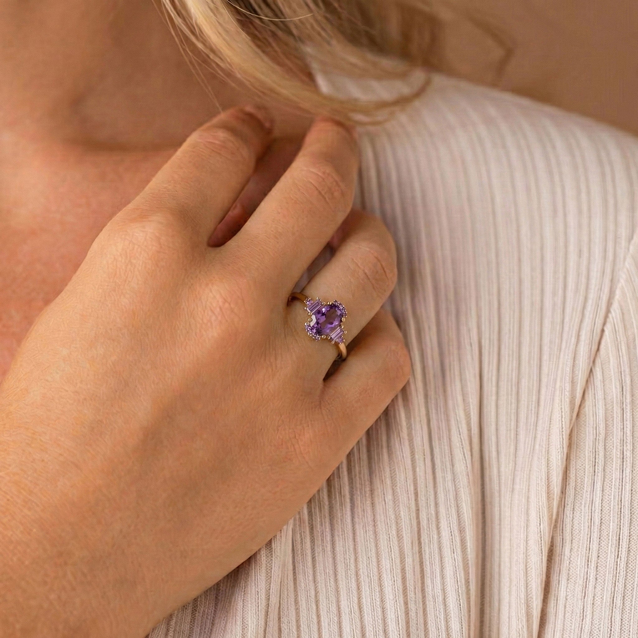 Purple gemstone engagement ring in rose gold filled setting