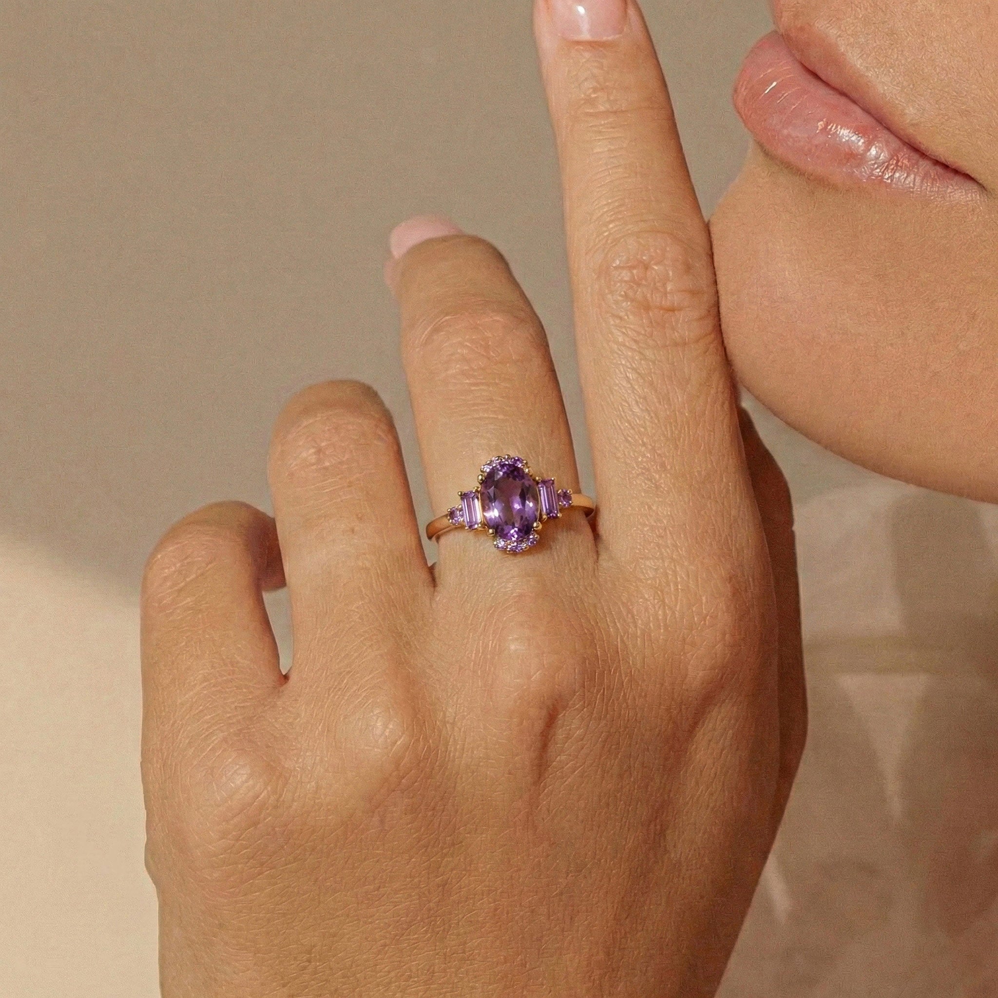 Amethyst ring for women with oval purple stone engagement design