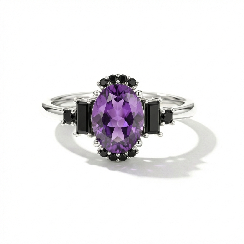 amethyst and onyx engagement ring with purple and black gemstones