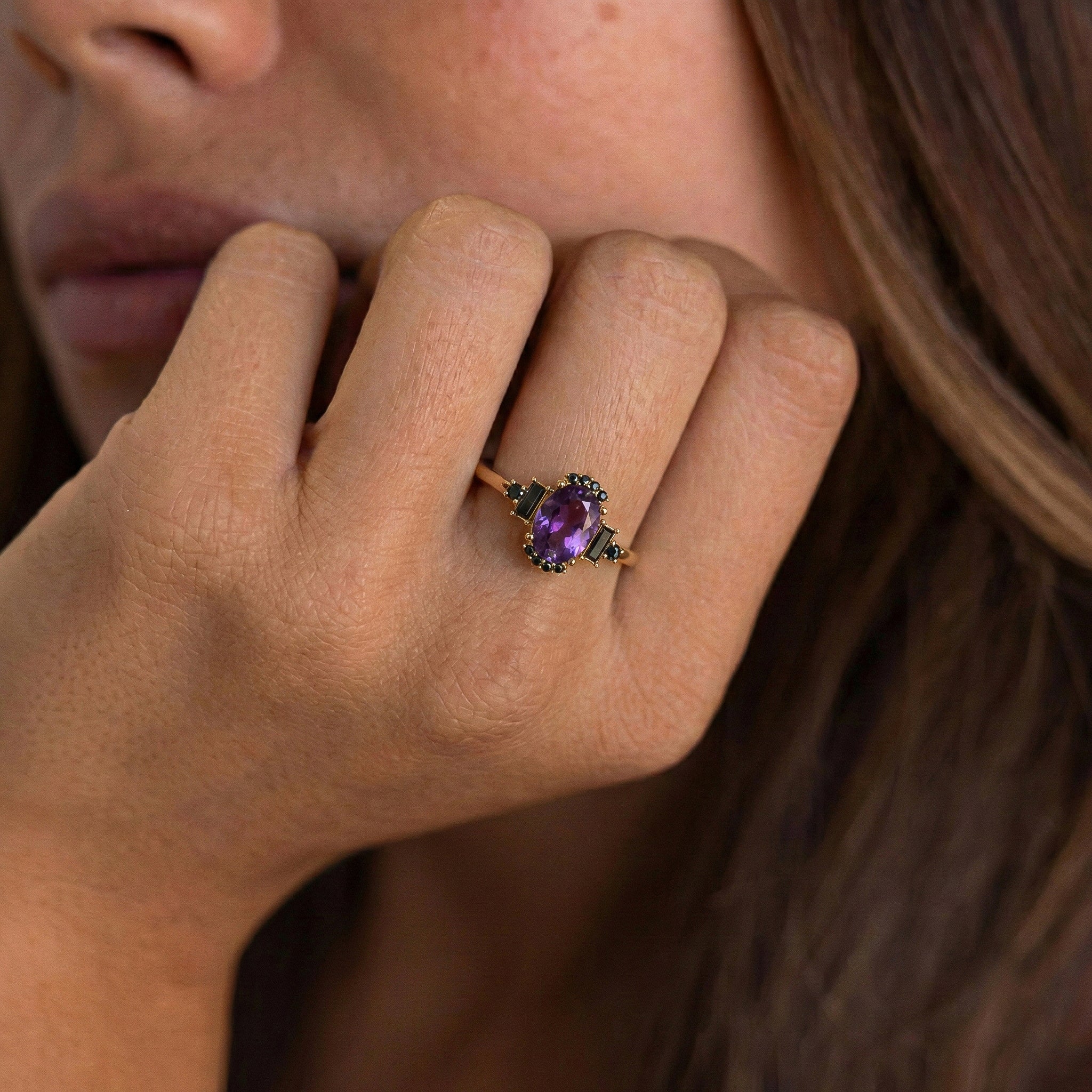 rose gold filled amethyst and onyx ring for women