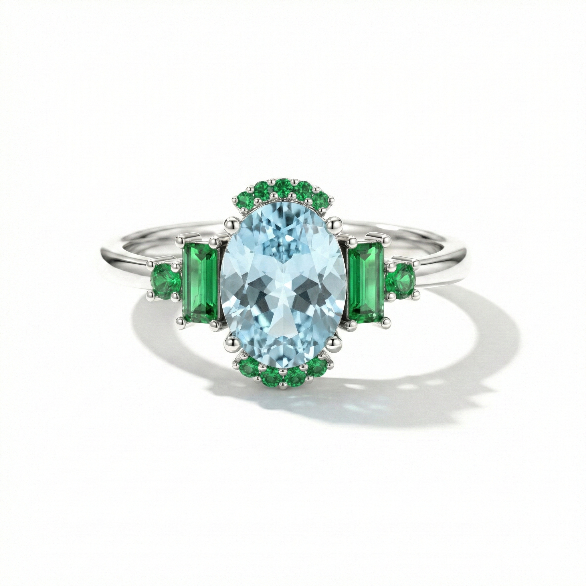 aquamarine and emerald engagement ring with natural gemstones