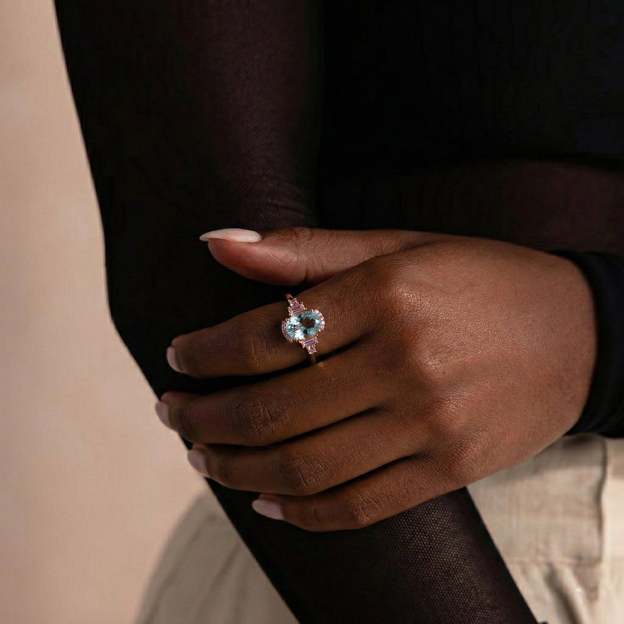 aquamarine pink tourmaline ring for women with oval gemstone design