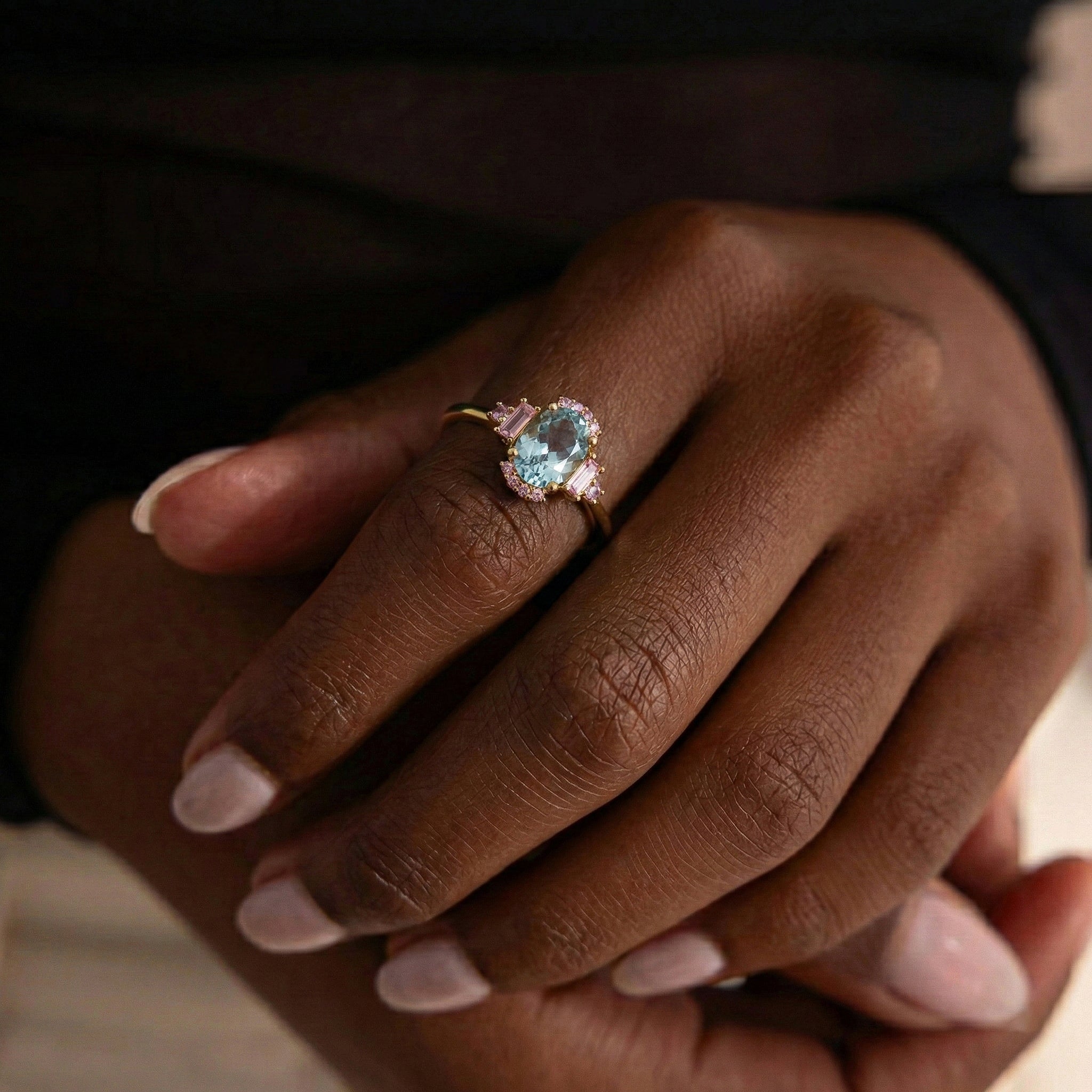 natural aquamarine engagement ring with pink tourmaline accents