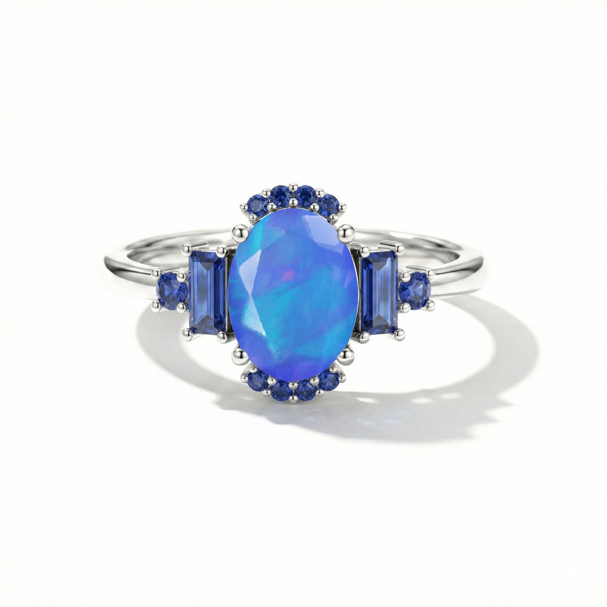 Blue opal and blue sapphire engagement ring for women in sterling silver gemstone jewelry