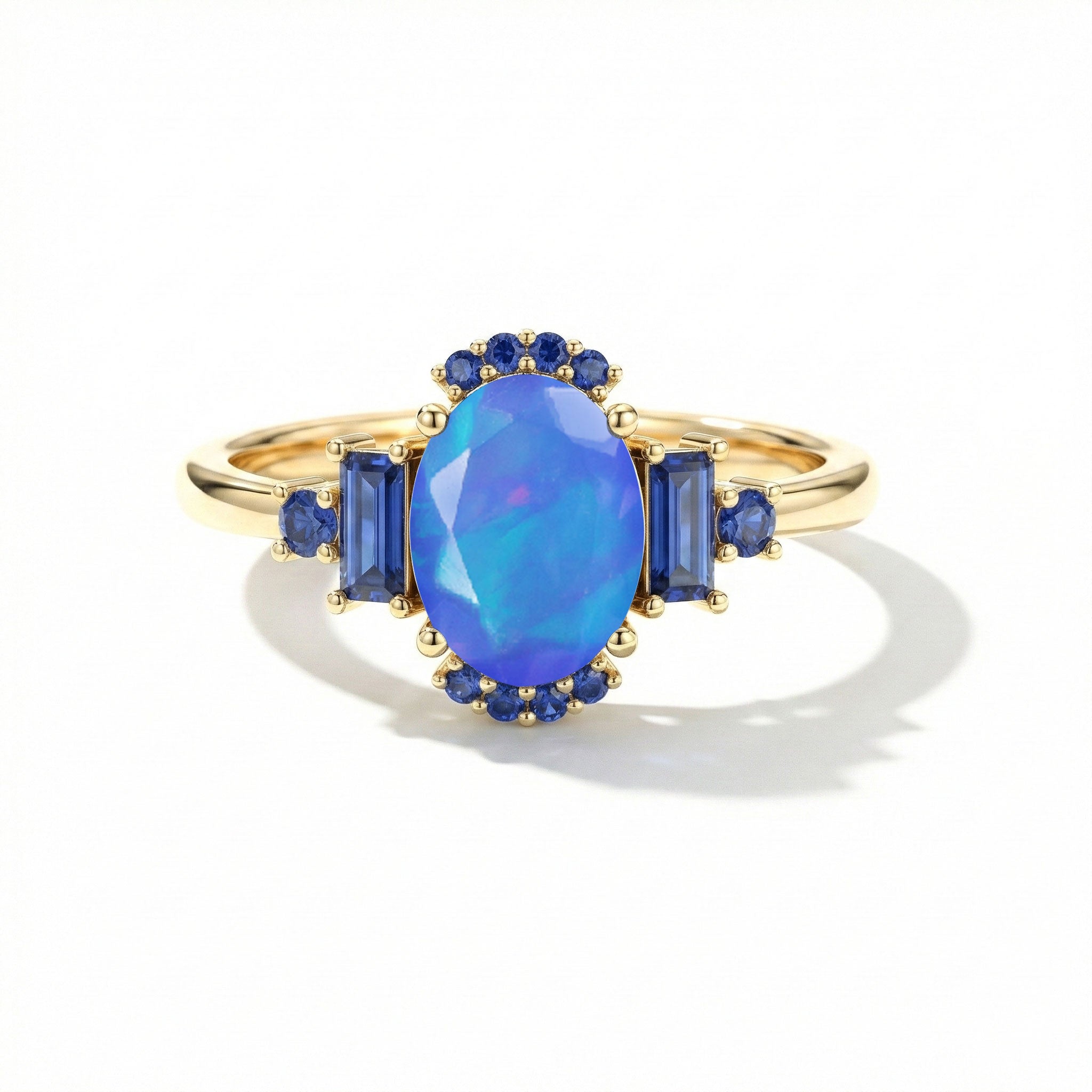 Blue opal and sapphire ring in yellow gold filled sterling silver for women