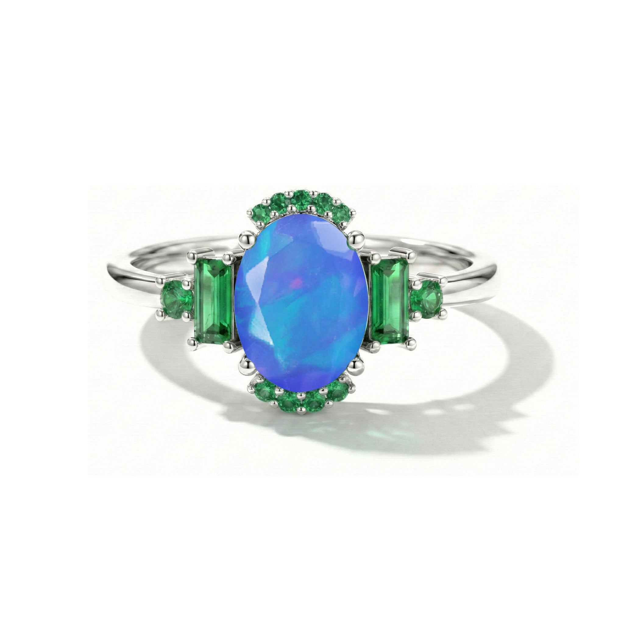 Blue opal and emerald engagement ring in 925 sterling silver with rose gold filled and yellow gold filled accents