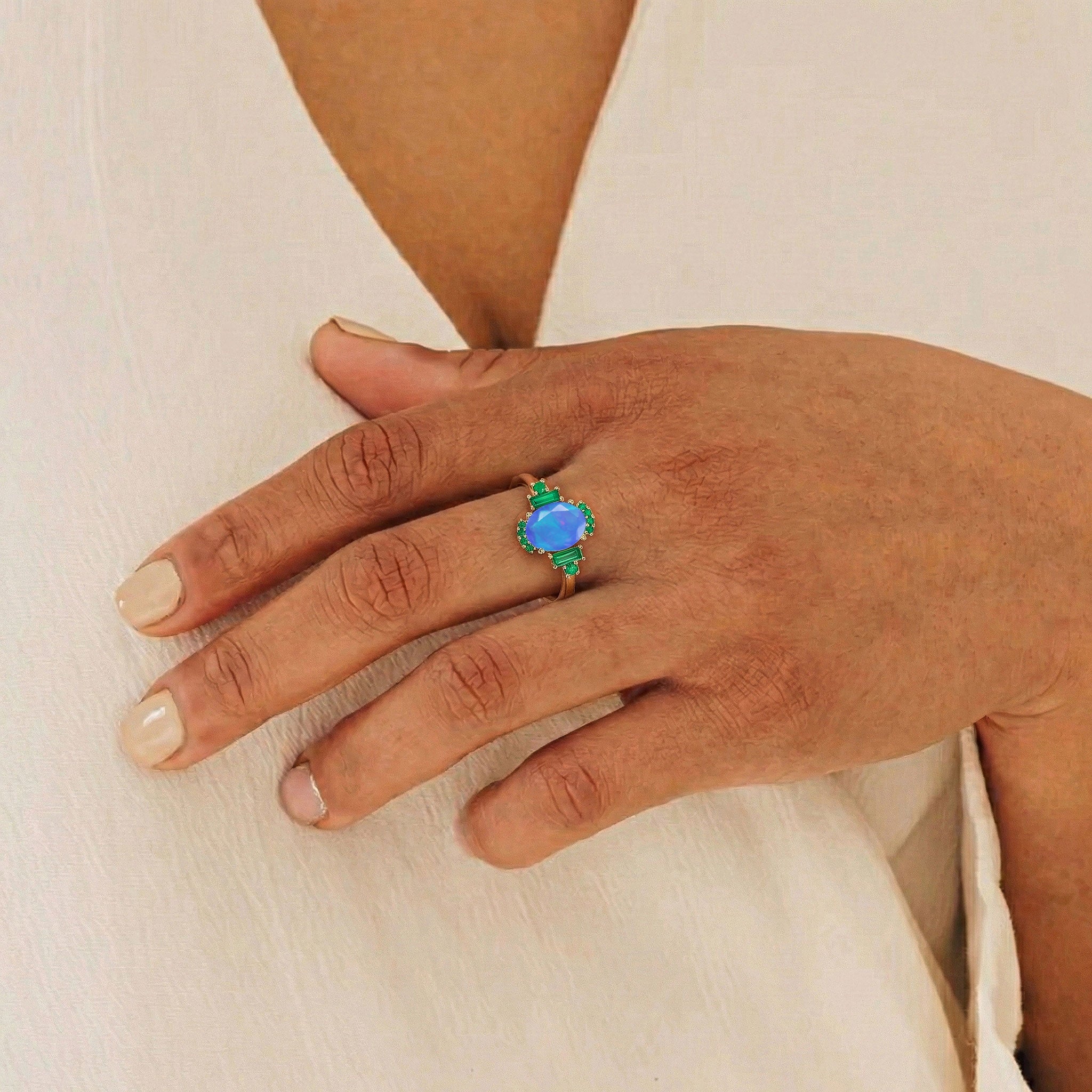 Unique alternative engagement ring with blue opal and emerald in 925 sterling silver for her