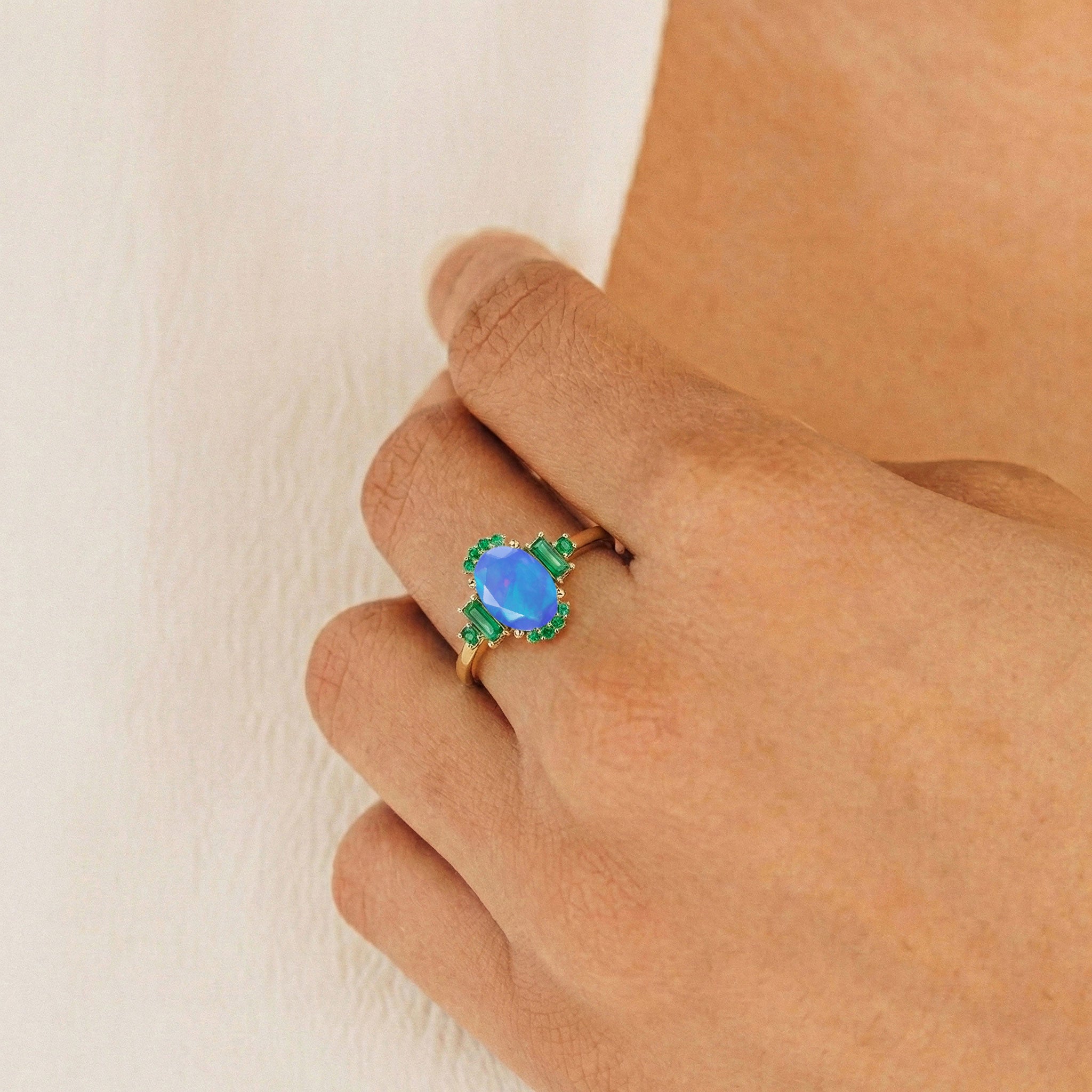 Handmade blue opal emerald ring with elegant gold filled detailing in sterling silver setting