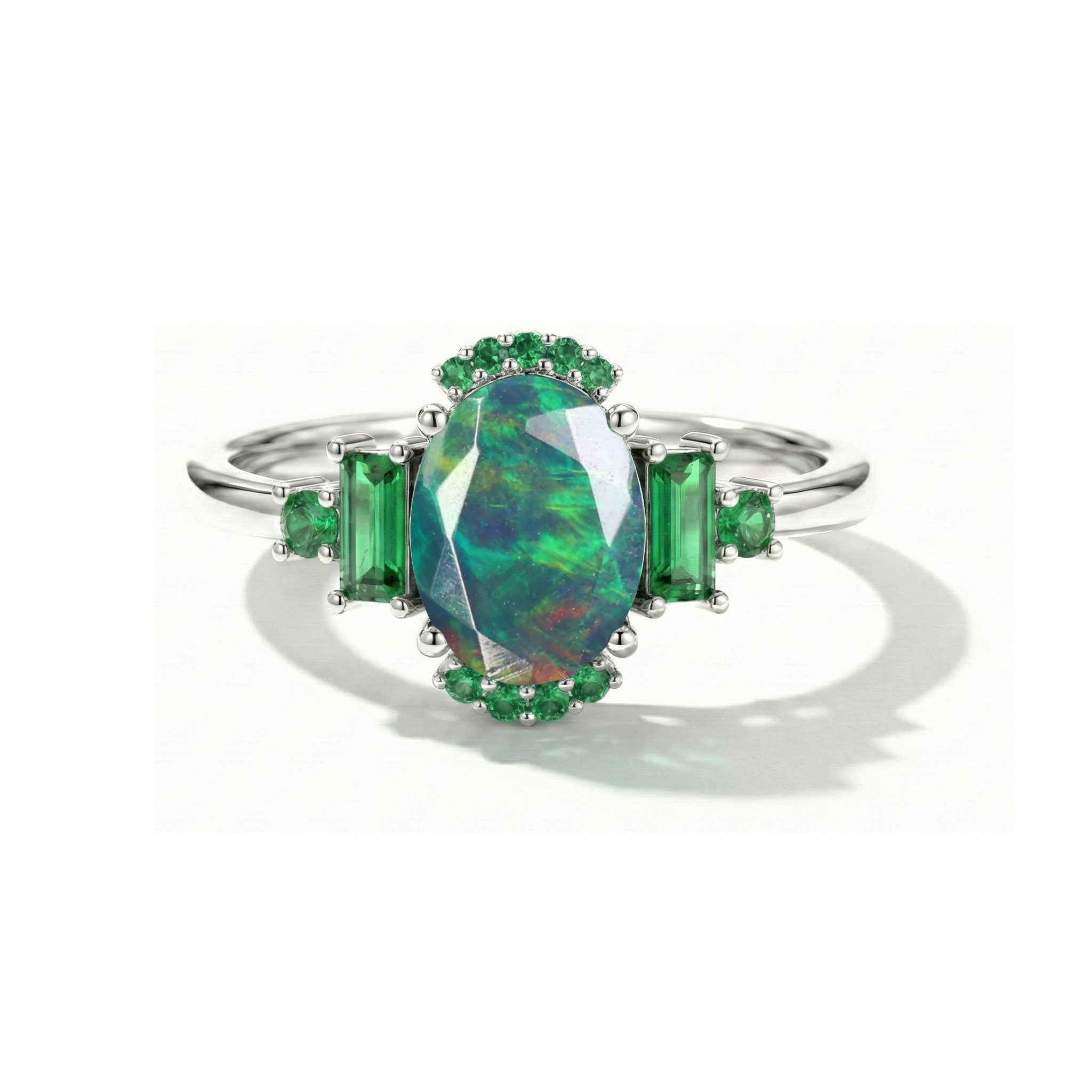 Black opal and emerald engagement ring oval 8x6 mm in rose gold filled sterling silver