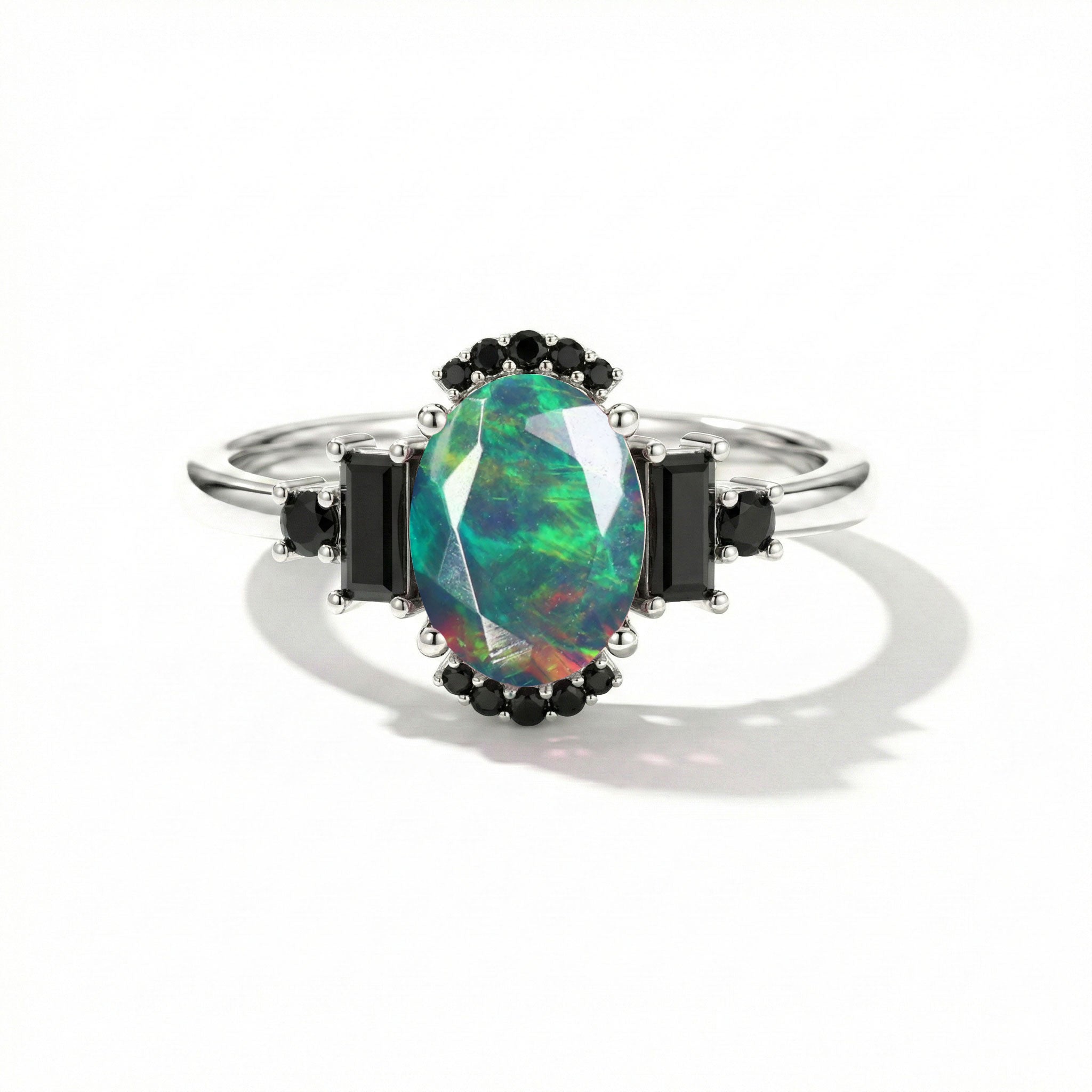 Black opal and onyx engagement ring for women oval 8x6 mm sterling silver gemstone ring