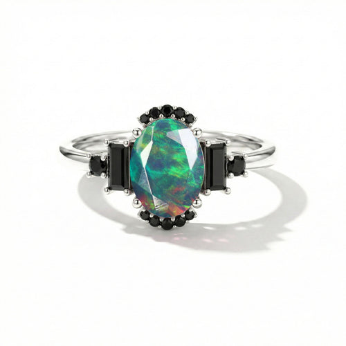 Black Opal and Onyx Engagement Ring | Statement Ring for Women | Luxury Gift for Her