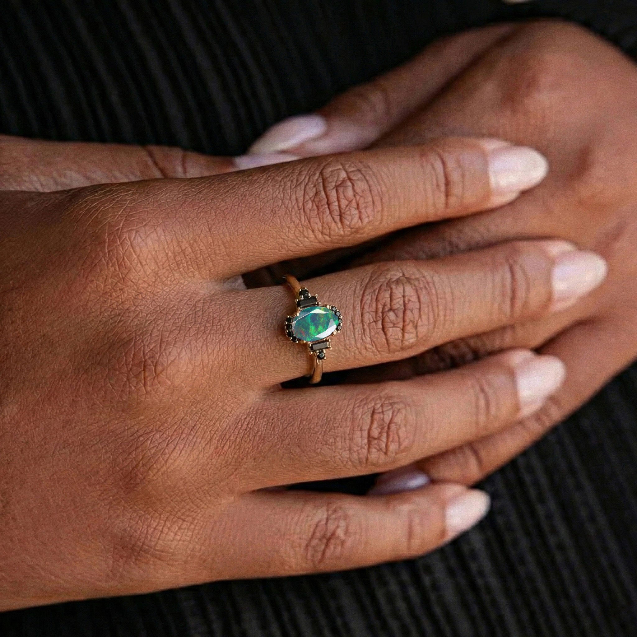 Oval black opal ring with onyx accents in 925 sterling silver rose gold filled jewelry