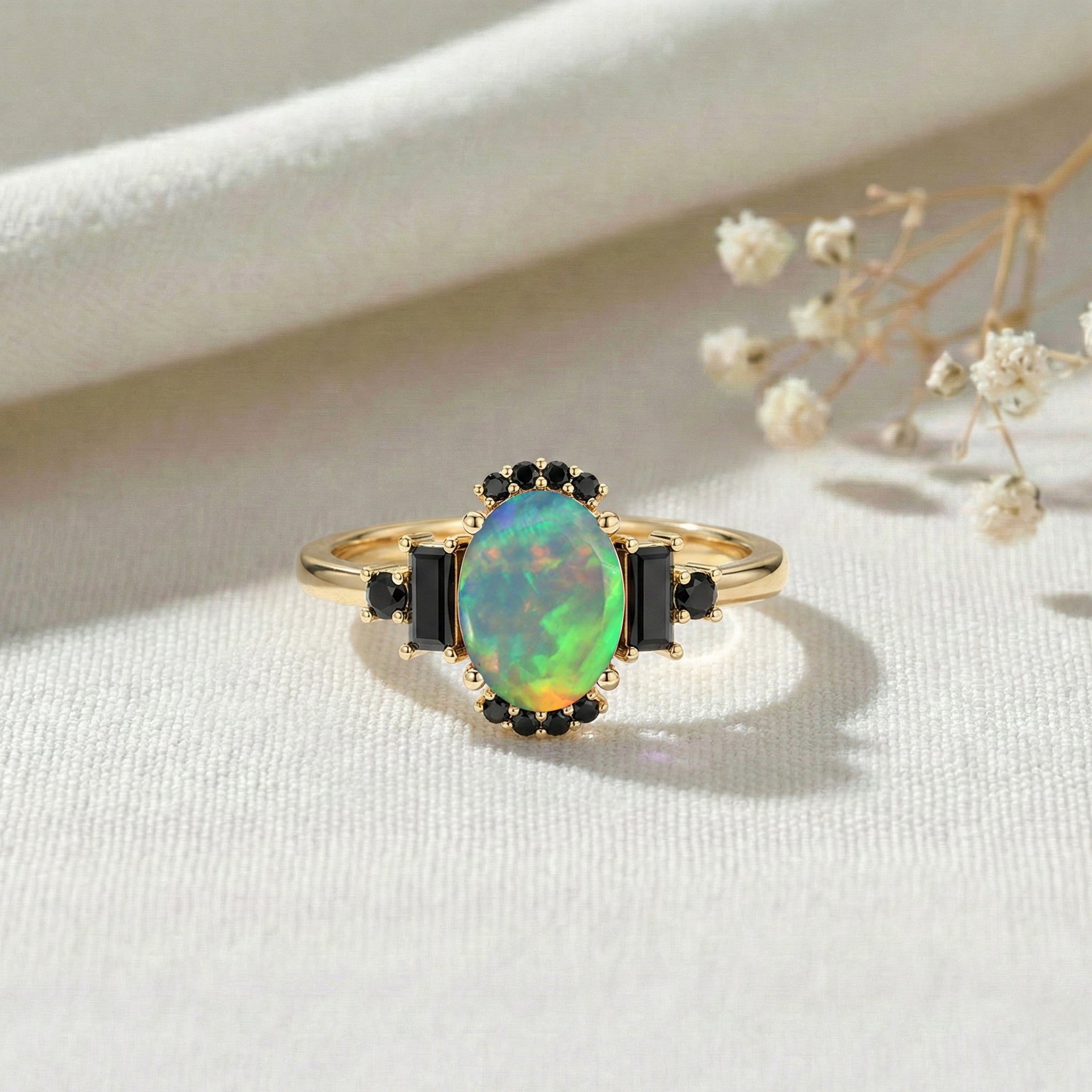 Alternative black opal engagement ring with onyx oval gemstone ring for women gift