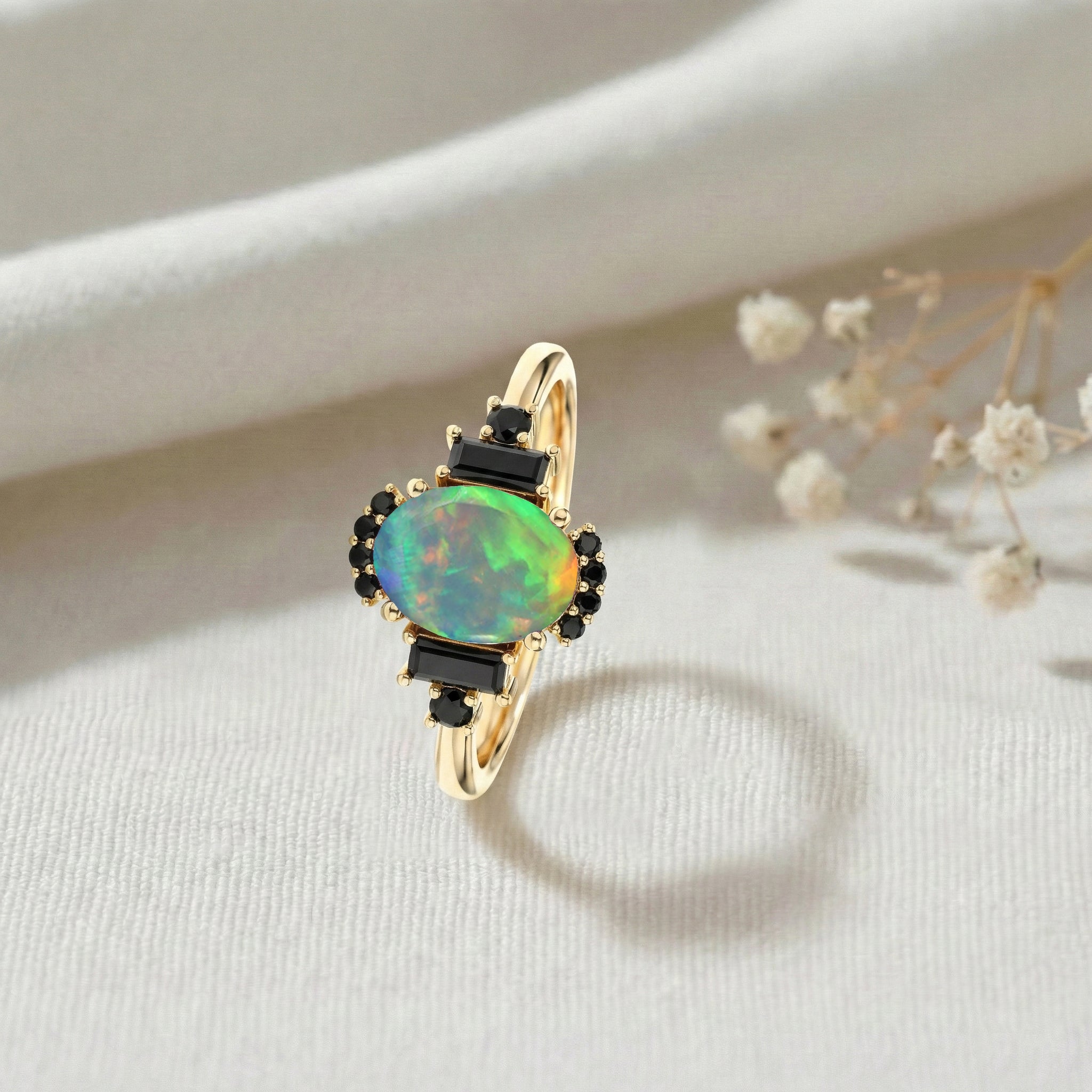 Vintage style black opal and onyx ring oval cut gemstone sterling silver ring for women