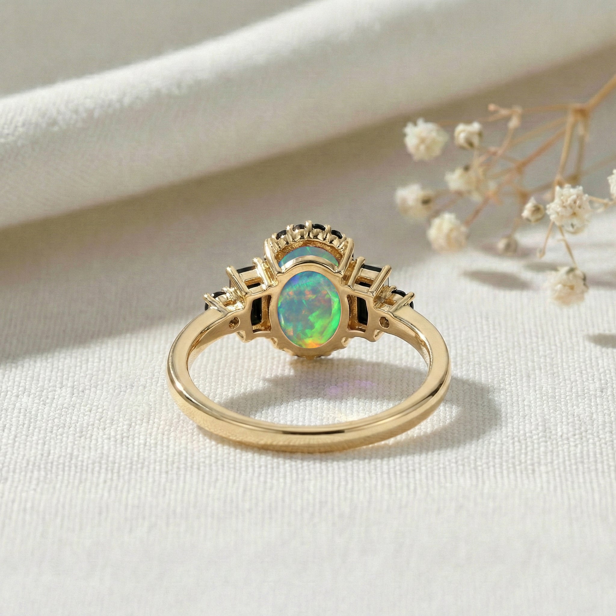 Luxury black opal and onyx engagement ring for women oval gemstone sterling silver jewelry