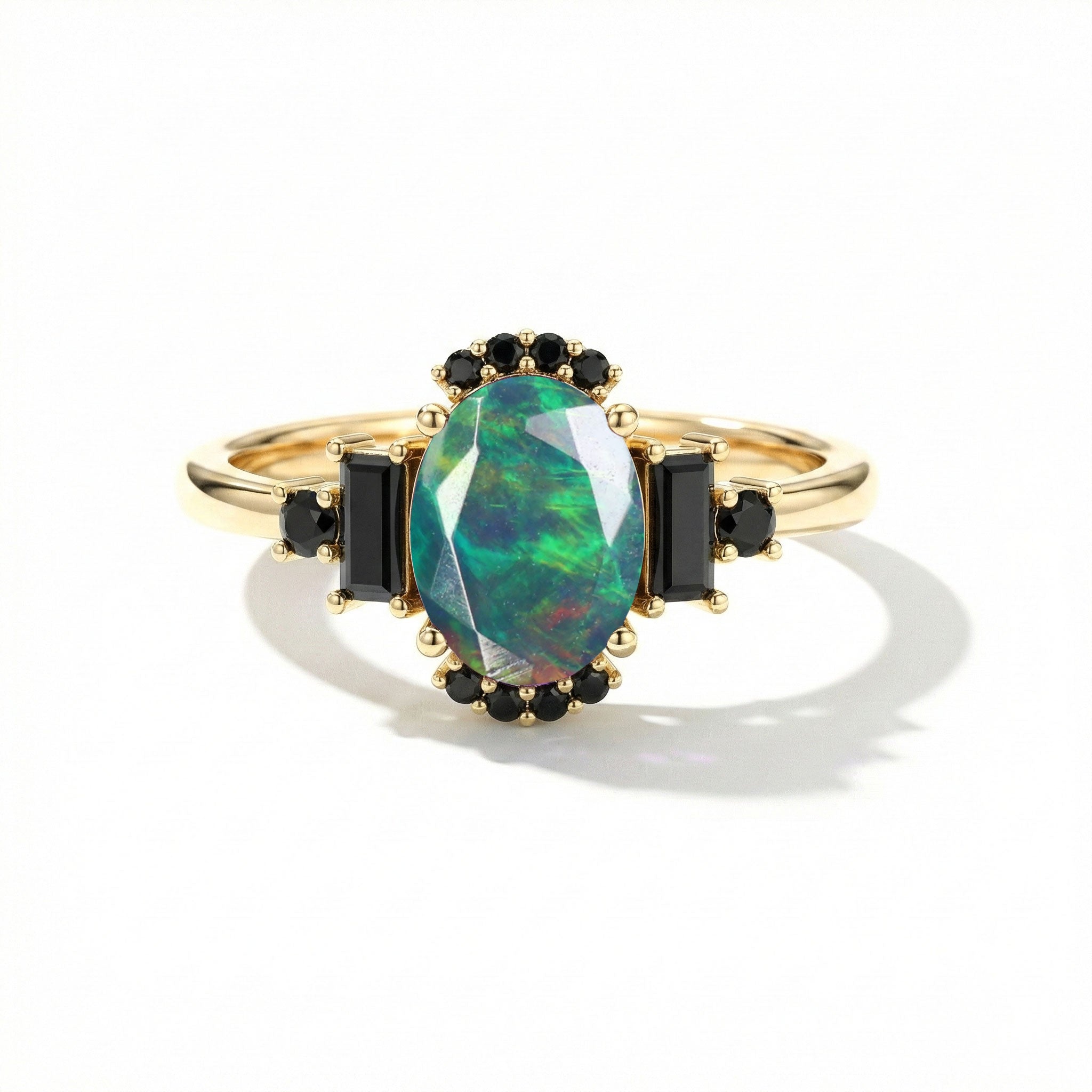 Black opal and onyx ring for women in yellow gold filled sterling silver unique jewelry