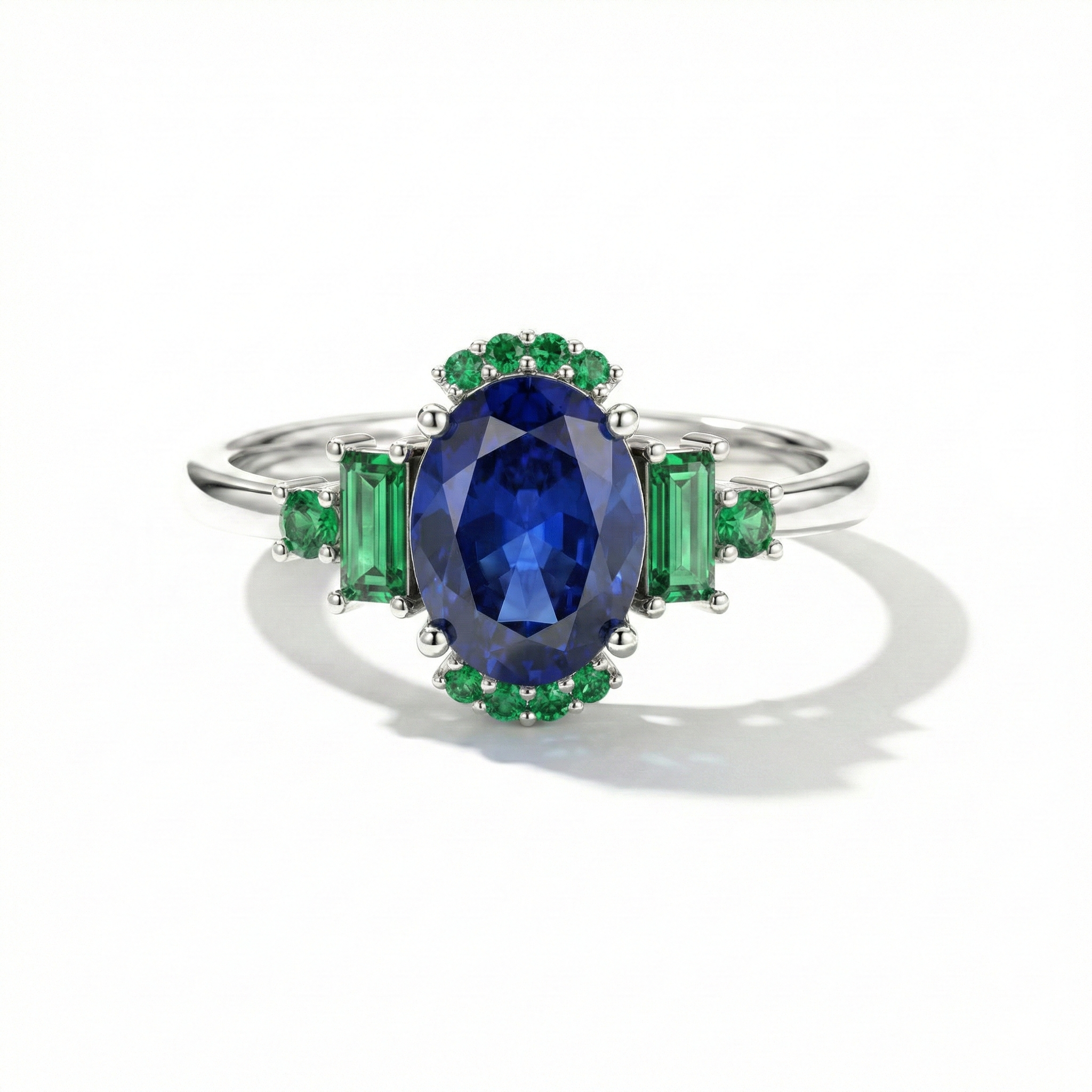 Blue sapphire and emerald engagement ring for women in sterling silver gemstone jewelry