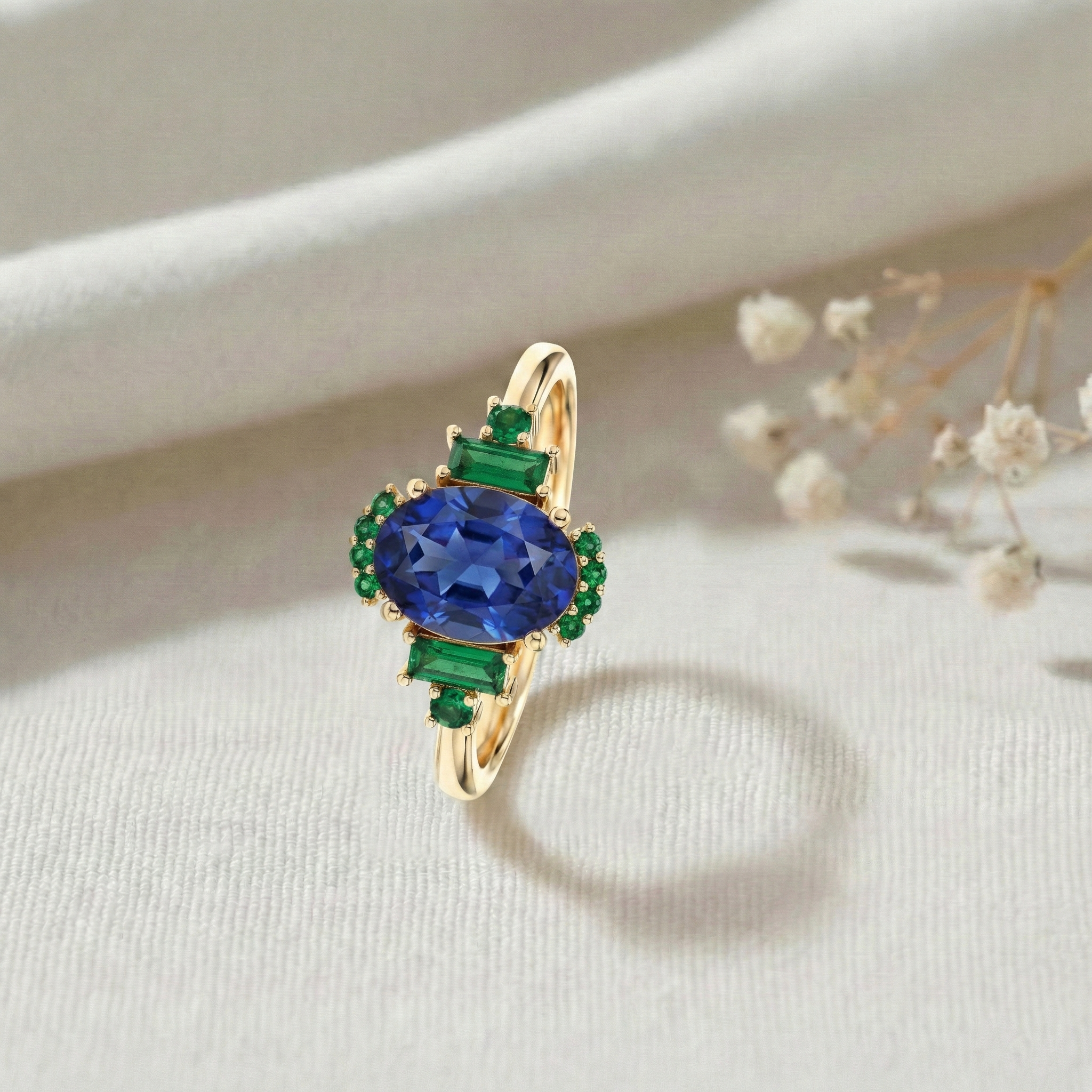 Elegant sapphire and emerald ring for women in sterling silver engagement ring