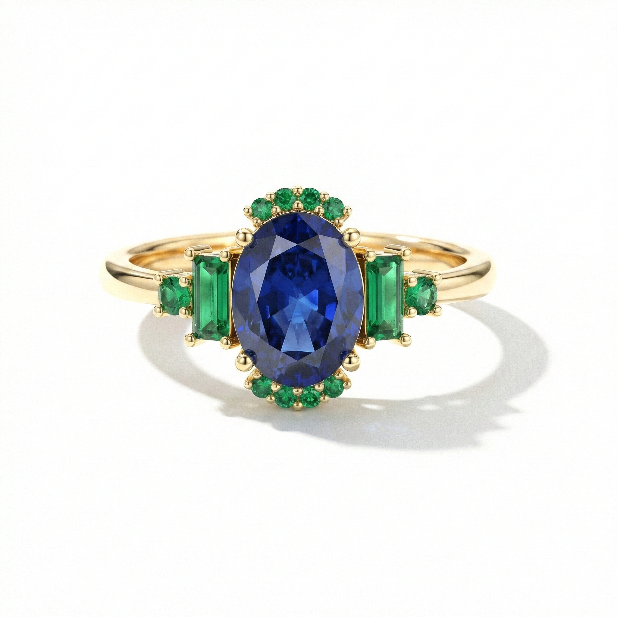 Blue sapphire and emerald ring in yellow gold filled sterling silver for women