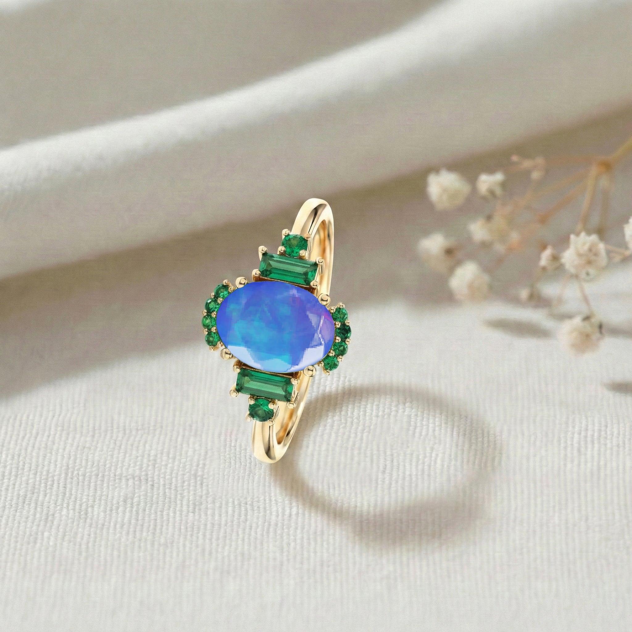 Artistic handmade opal and emerald ring in 925 sterling silver with rose gold and yellow gold filled accents
